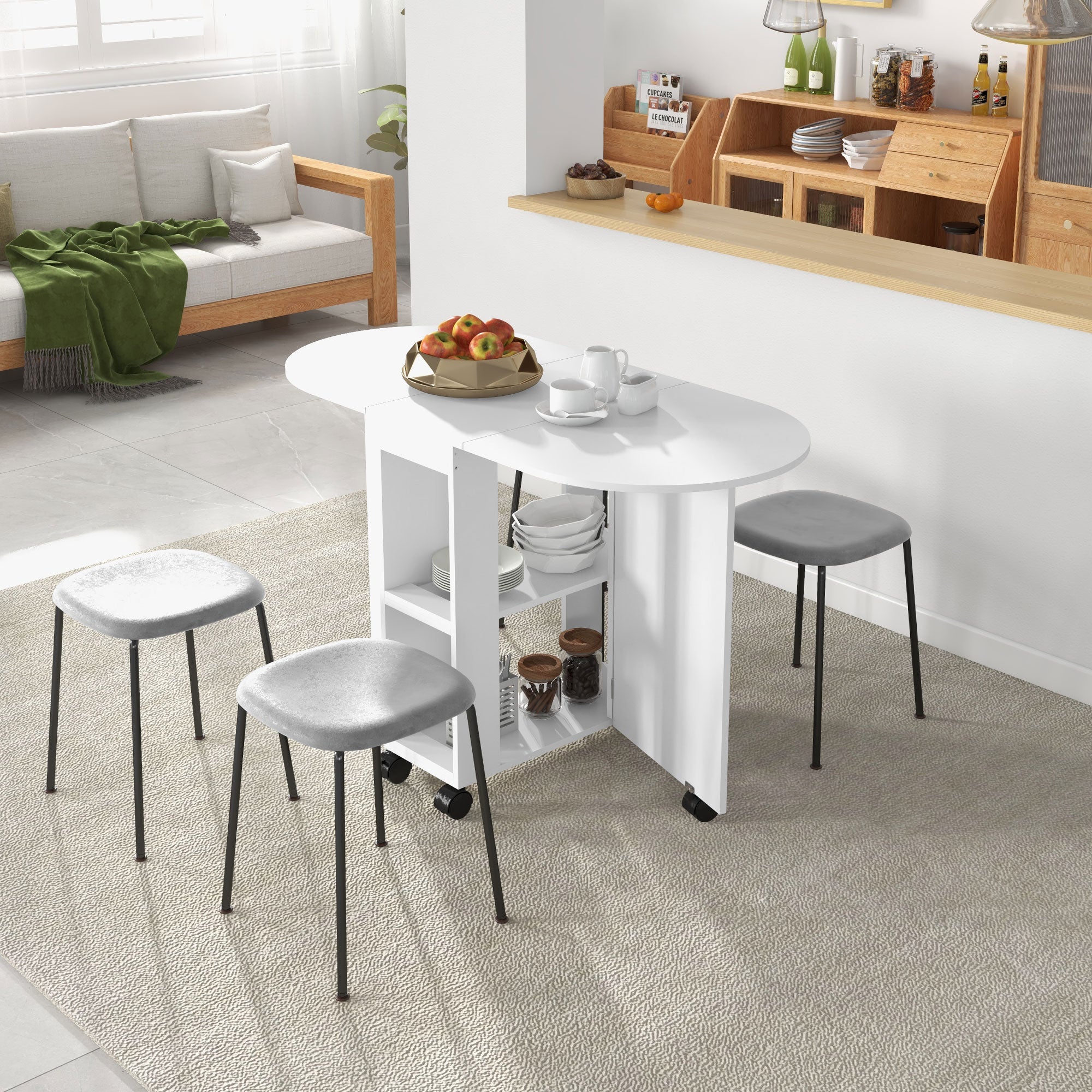 HOMCOM Mobile Folding Dining Table, Drop Leaf Table for Small Spaces with 2-tier Shelves, Small Kitchen Table With 6 Wheels, White