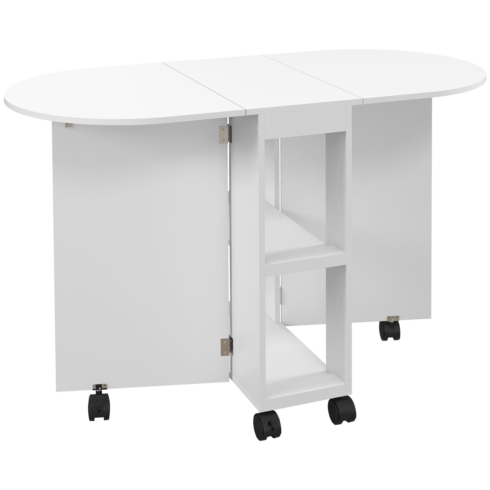 HOMCOM Mobile Folding Dining Table, Drop Leaf Table for Small Spaces with 2-tier Shelves, Small Kitchen Table With 6 Wheels, White