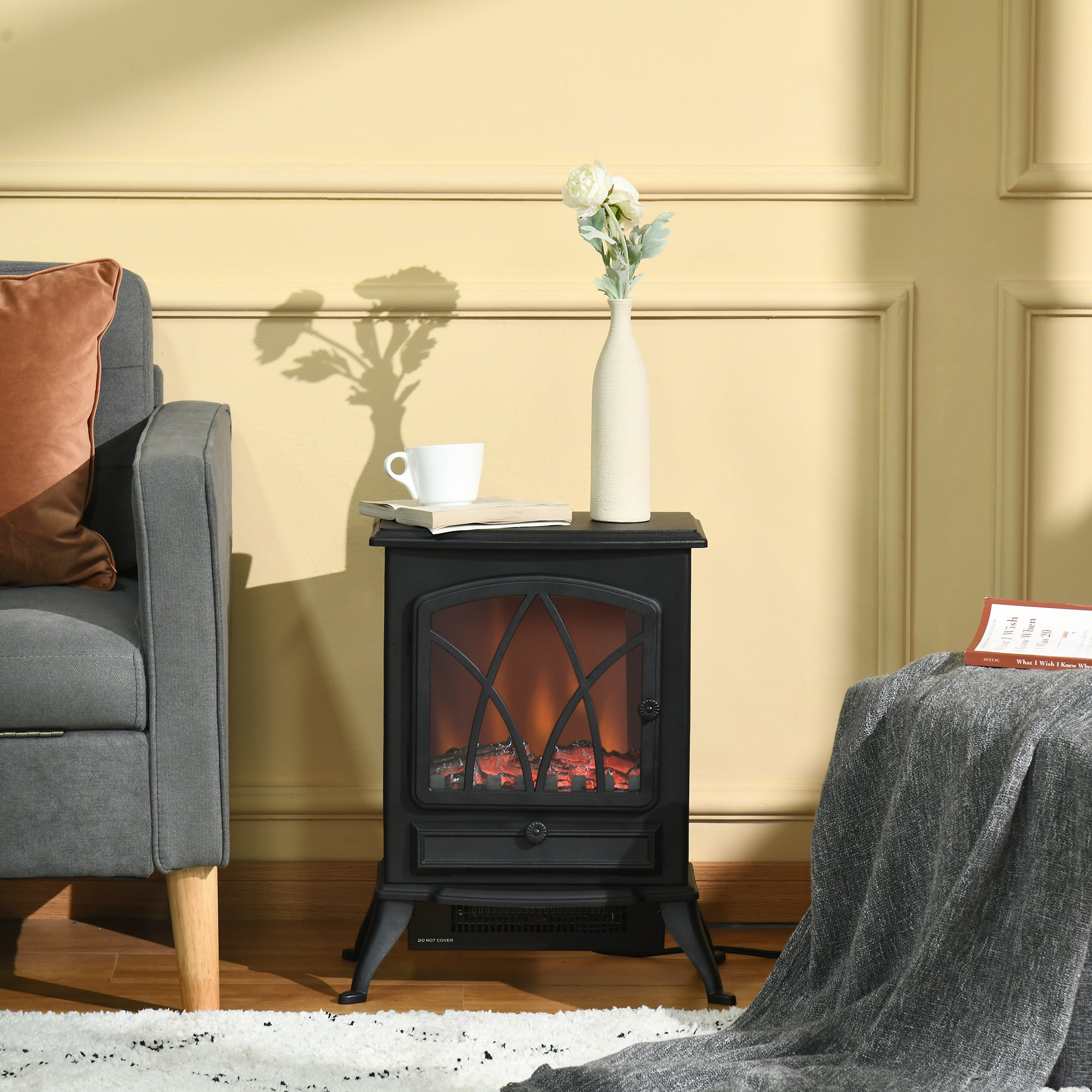 Electric Fireplace Heater Freestanding Fireplace Stove with Adjustable LED Flame Effect and Front Door, 750W/1500W, Black