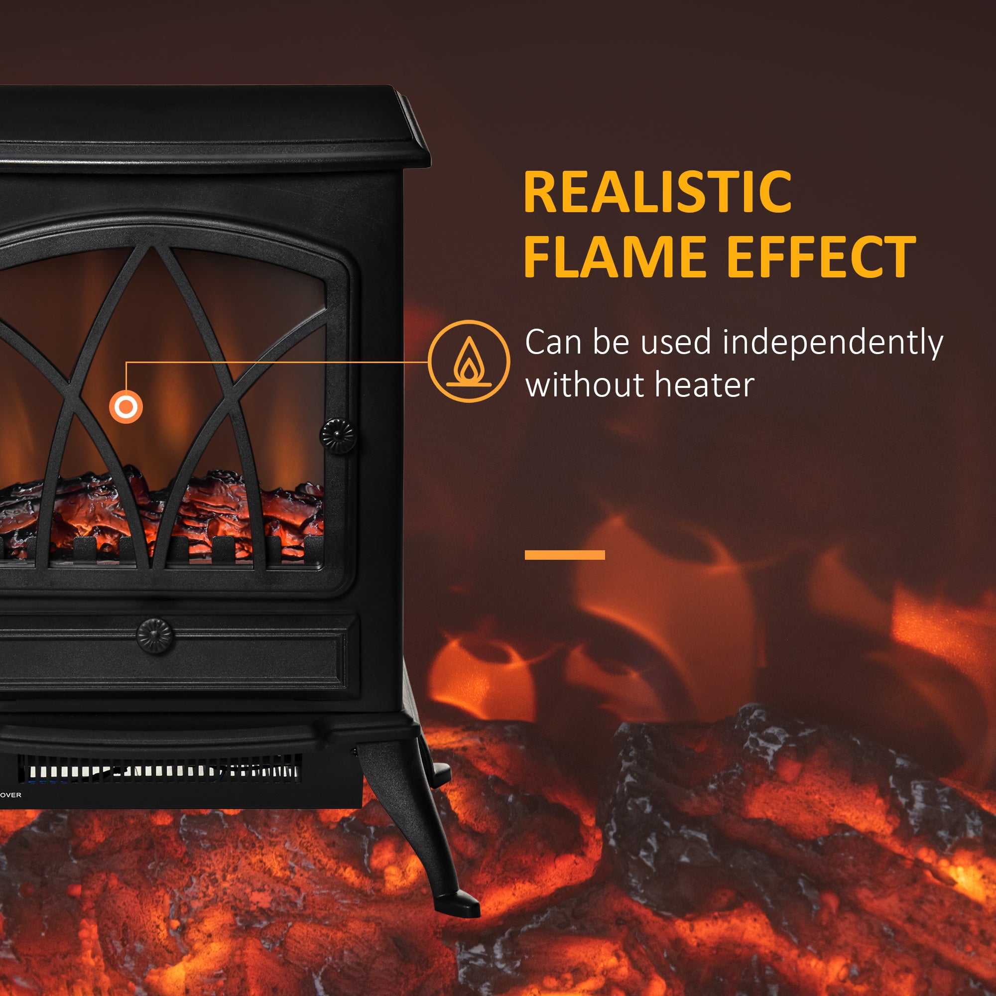 Electric Fireplace Heater Freestanding Fireplace Stove with Adjustable LED Flame Effect and Front Door, 750W/1500W, Black