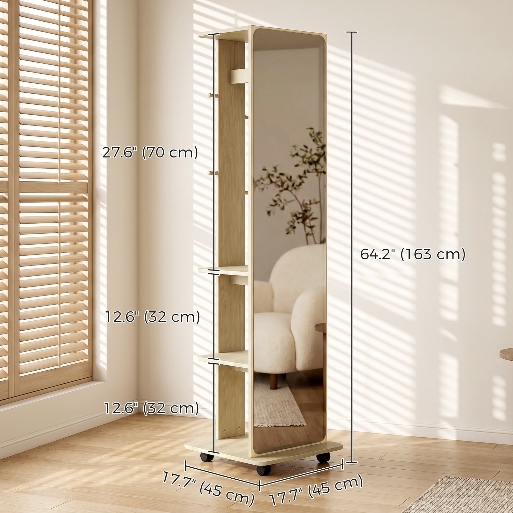 15" x 62" Full Length Mirror, Tempered Glass Floor Mirror on Wheels with Storage Shelves, Coat Hangers for Bedroom, Living Room, Natural Wood