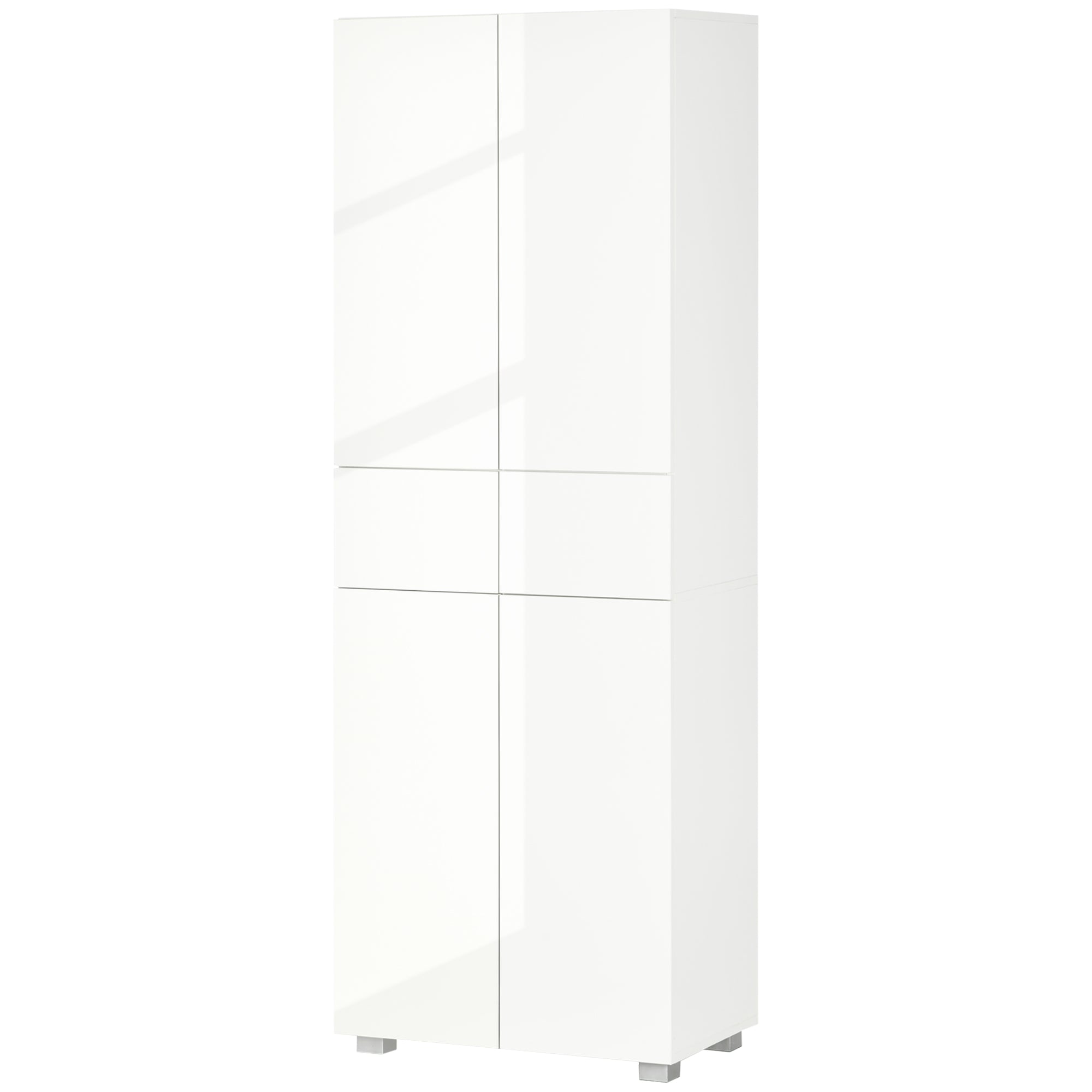 4-Door Kitchen Cupboard, Tall Freestanding 5-Tier Storage Cabinet with 3 Adjustable Shelves, 2 Drawers for Living Room, Dining Room, Push to Open Design, High Gloss White