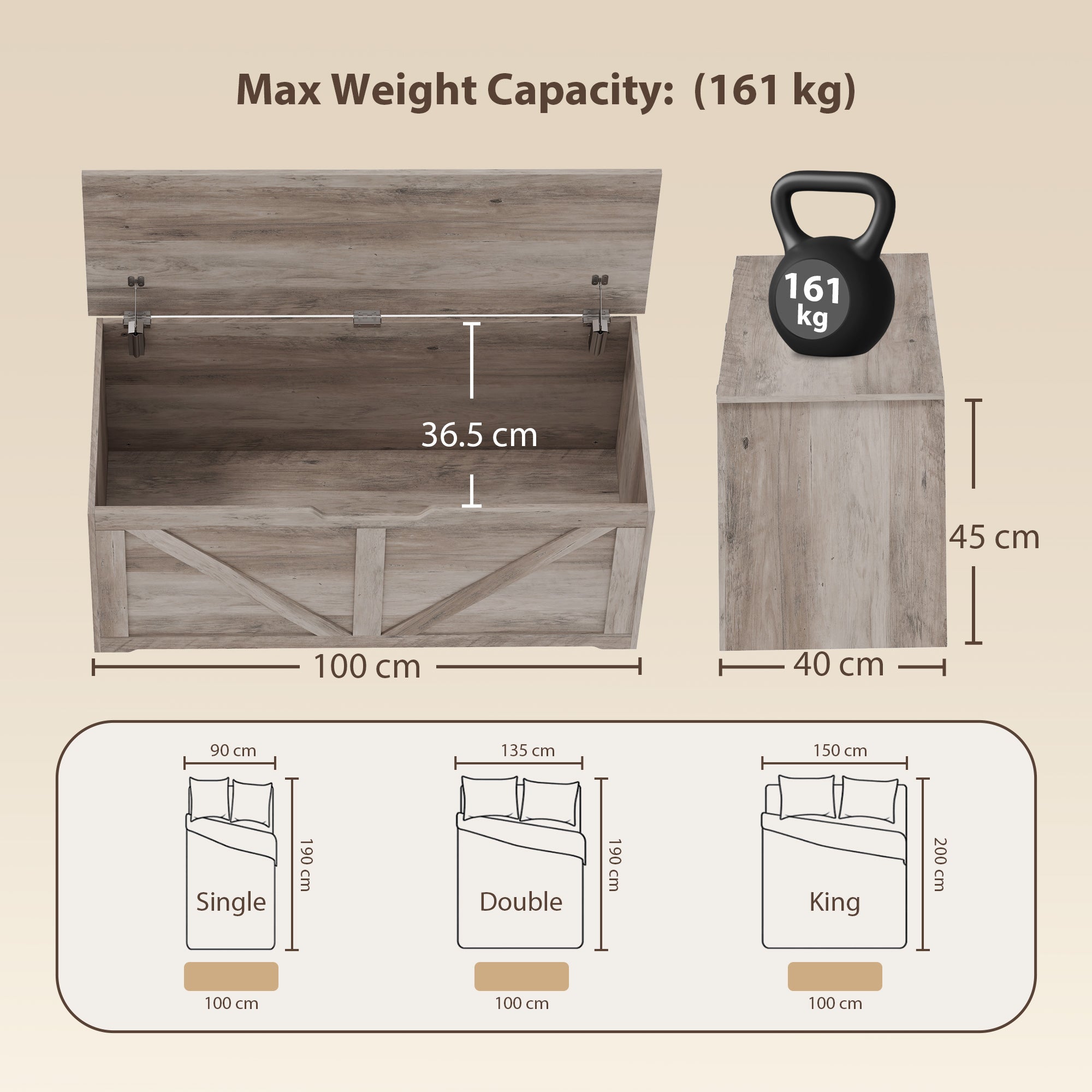 127L Storage Chest, Shoe Storage Trunk Bench Box with 2 Safety Hinges and U-shaped Cut-out Pull, Blanket Box Ottoman for Bedroom, Living Room, Entryway, 100 x 40 x 45 cm, Grey Wood-Effect