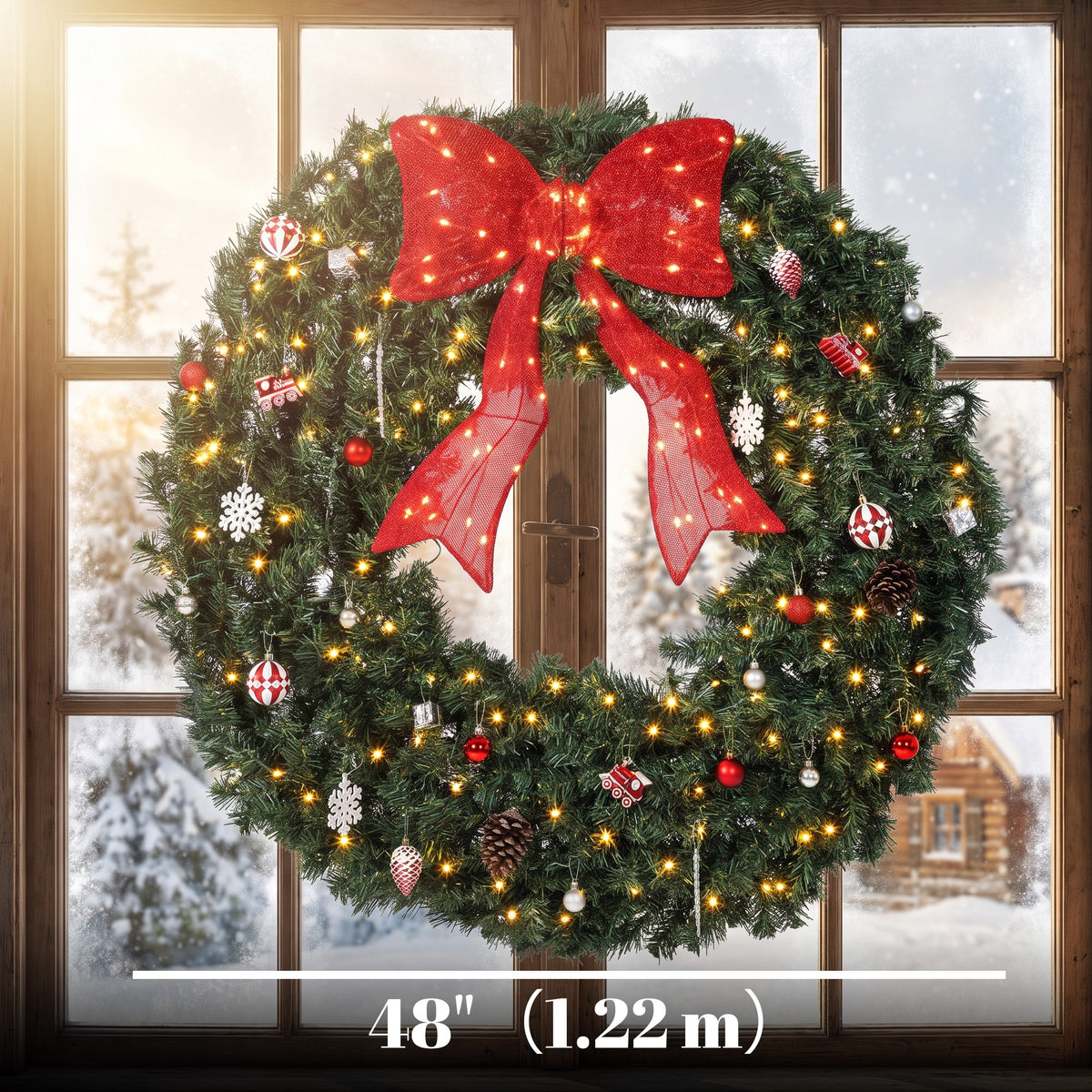 48 Inch Pre-Lit Christmas Wreath for Front Door with 200 LED Lights, Lighted Bow and 31 Ornament Set, Artificial Xmas Wreath for Covered Porch, Wall Decoration, Green