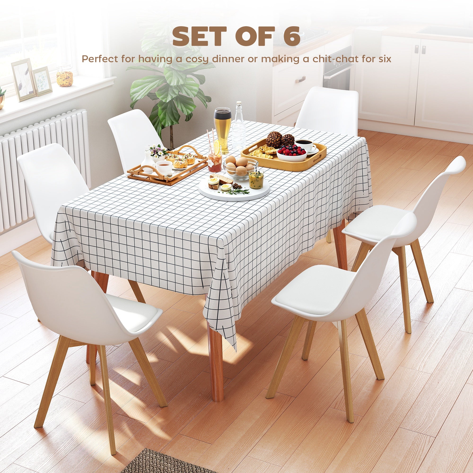 Dining Chairs Set of 6, Modern Kitchen Chairs with PU Leather Cushion and Wood Base, Upholstered Accent Chairs for Living Room and Dining Room, White