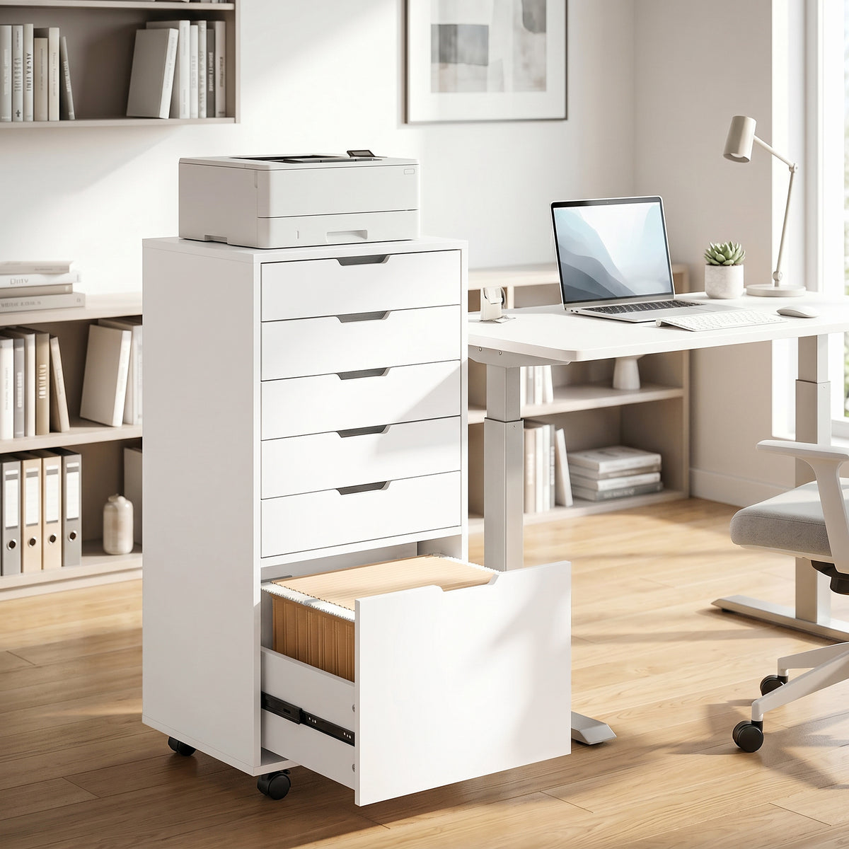 5 Drawer Vertical File Cabinet with Lockable Wheels, Filing Cabinet for Home Office, Printer Stand with Adjustable Hanging Bars For A4, Letter, legal File Folders, White