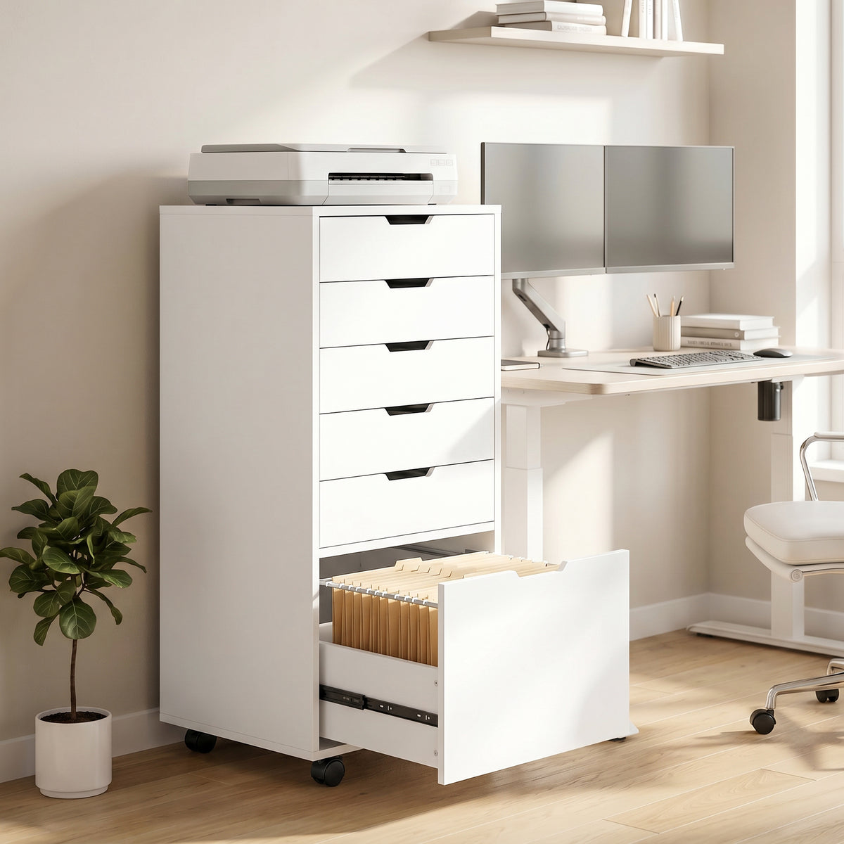 5 Drawer Vertical File Cabinet with Lockable Wheels, Filing Cabinet for Home Office, Printer Stand with Adjustable Hanging Bars For A4, Letter, legal File Folders, White