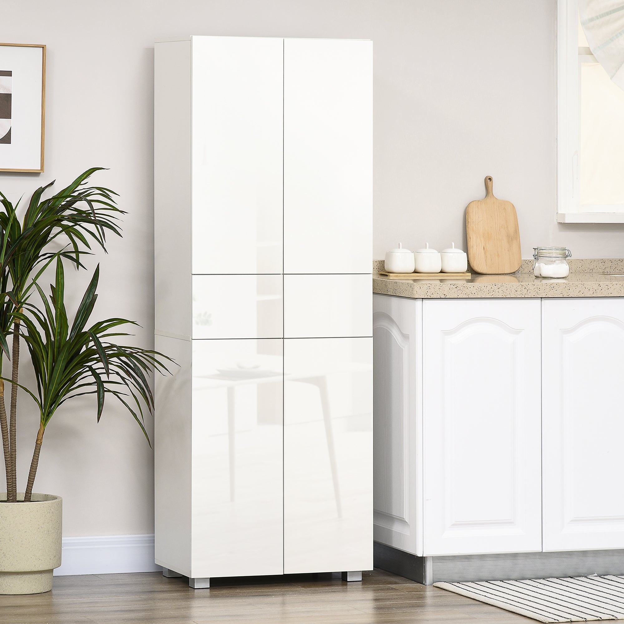 4-Door Kitchen Cupboard, Tall Freestanding 5-Tier Storage Cabinet with 3 Adjustable Shelves, 2 Drawers for Living Room, Dining Room, Push to Open Design, High Gloss White