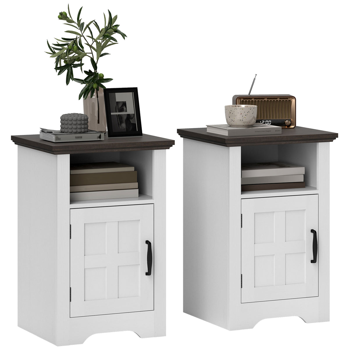 Set of 2 Side Tables with Barn Door and Open Shelf, Farmhouse End Tables with Cabinet, Nightstands for Living Room, Bedroom, White