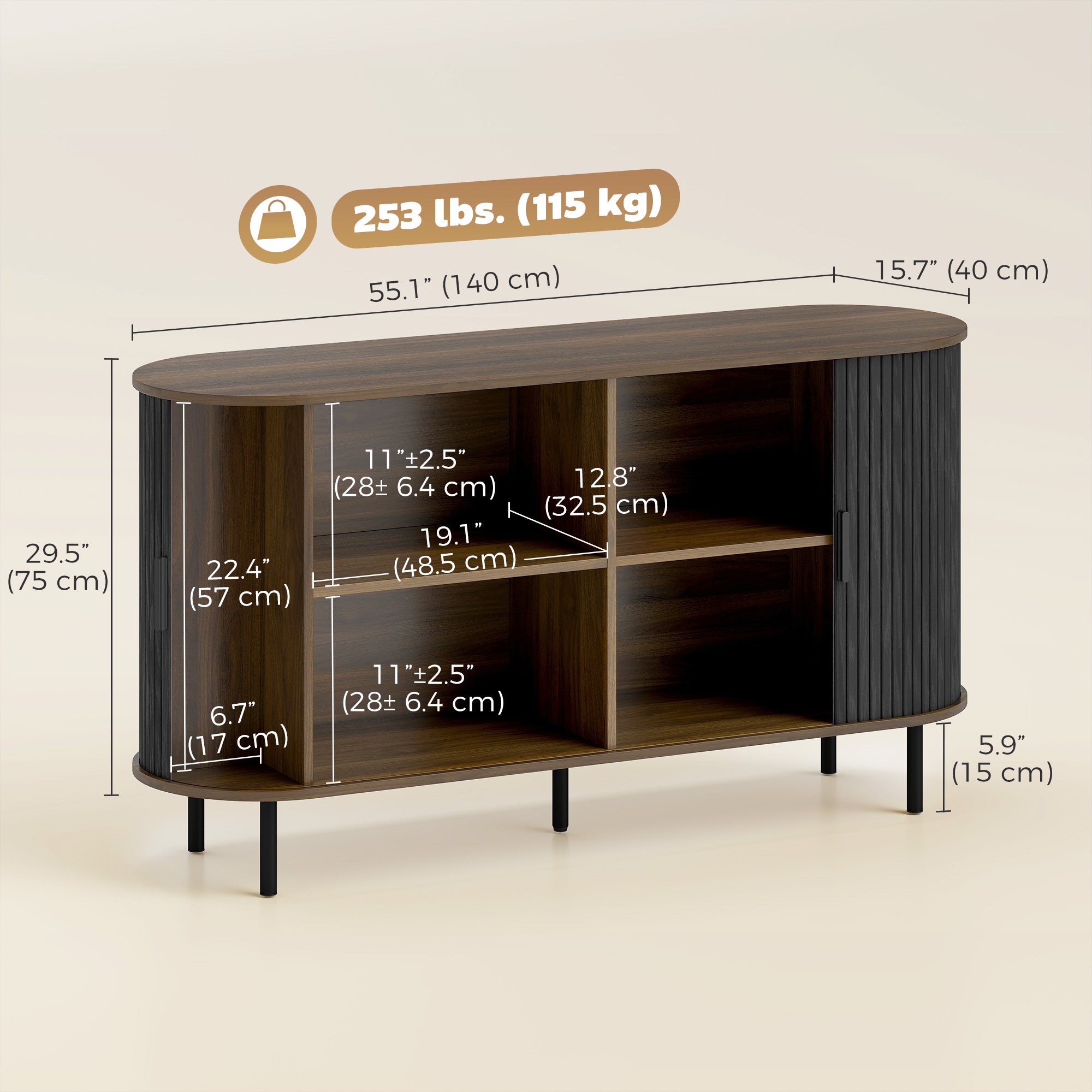 Fluted Sideboard Buffet Cabinet, 55" Mid Century Coffee Bar Cabinet with Sliding Doors, Kitchen Credenza with Adjustable Shelves, Black Wood Grain