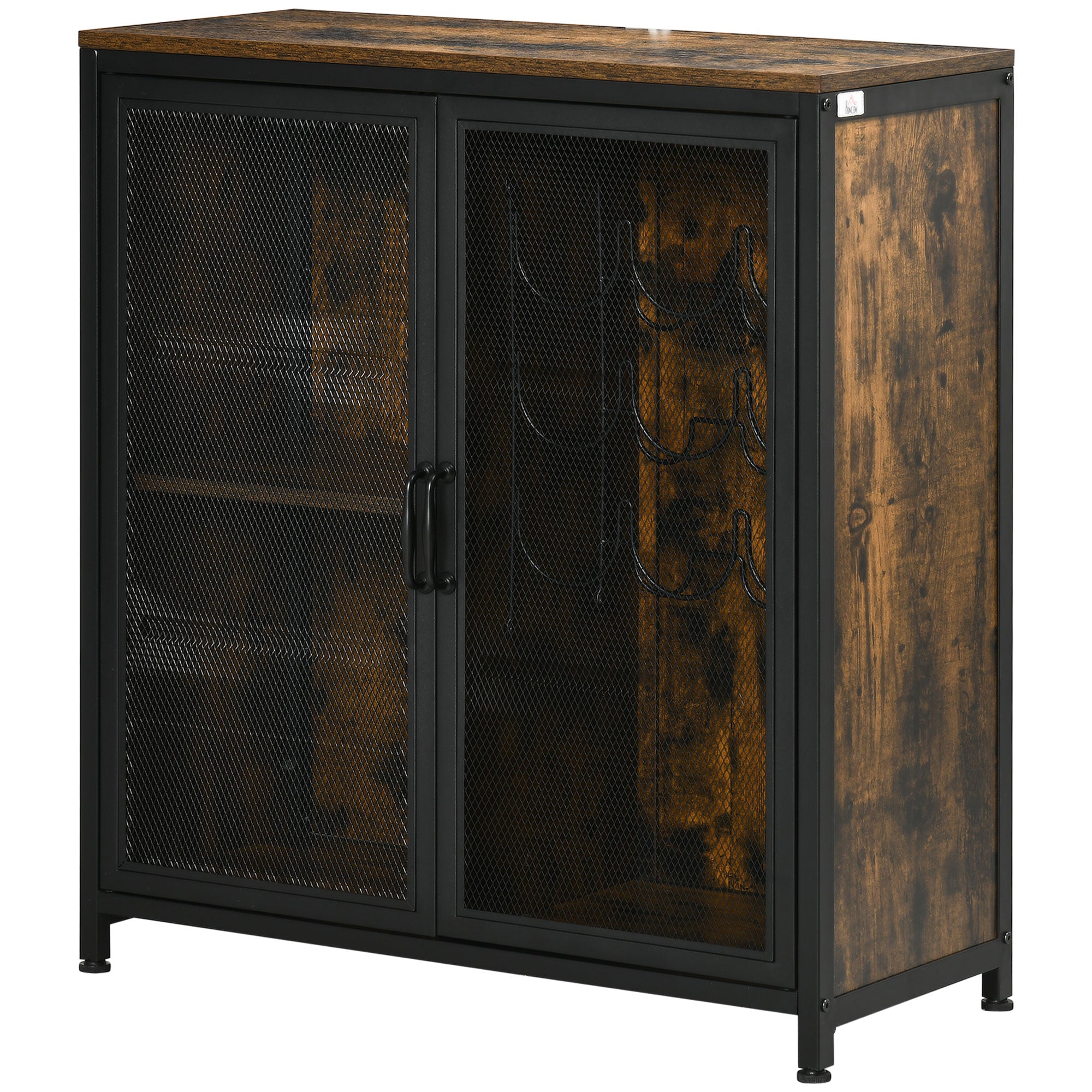 9-Bottle Industrial Retro Wine Cabinet with Mesh Doors & Glass Holder, Rustic Brown