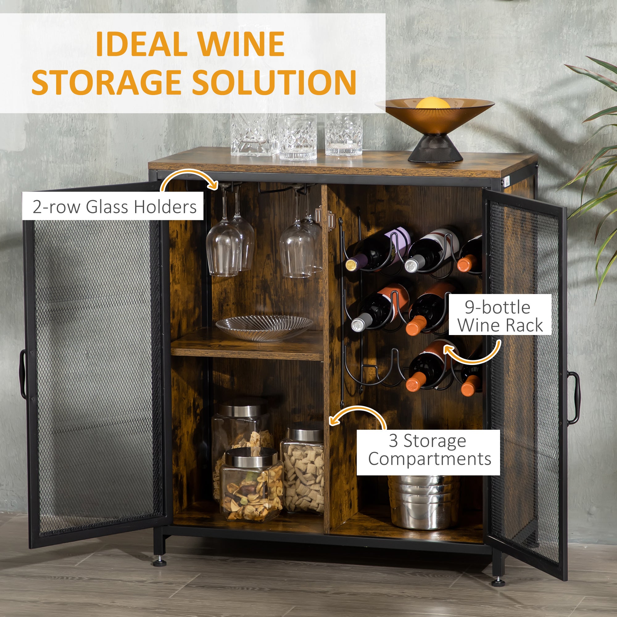 9-Bottle Industrial Retro Wine Cabinet with Mesh Doors & Glass Holder, Rustic Brown