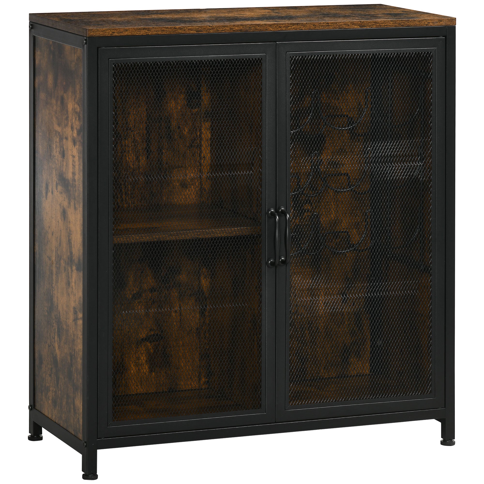 9-Bottle Industrial Retro Wine Cabinet with Mesh Doors & Glass Holder, Rustic Brown