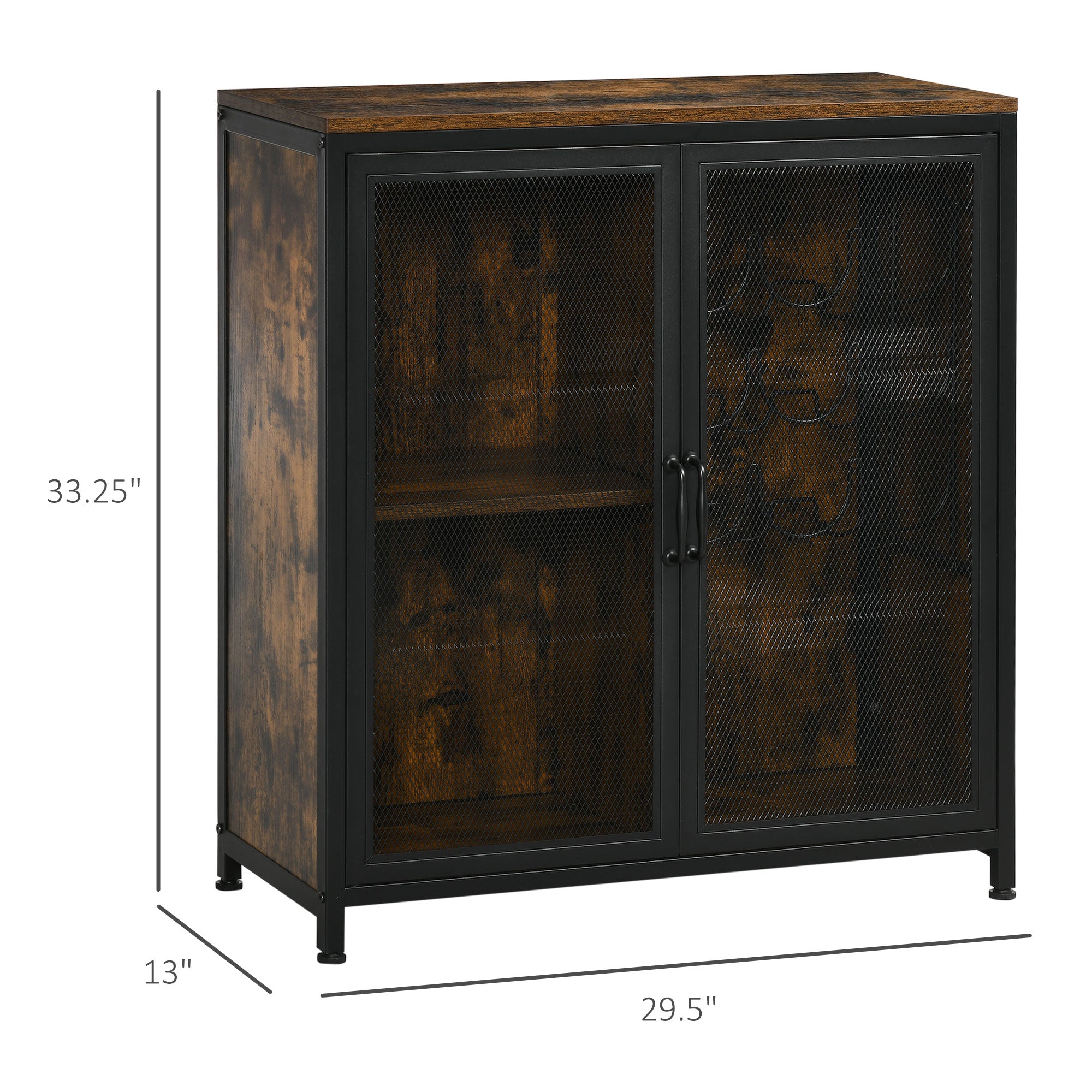 9-Bottle Industrial Retro Wine Cabinet with Mesh Doors & Glass Holder, Rustic Brown