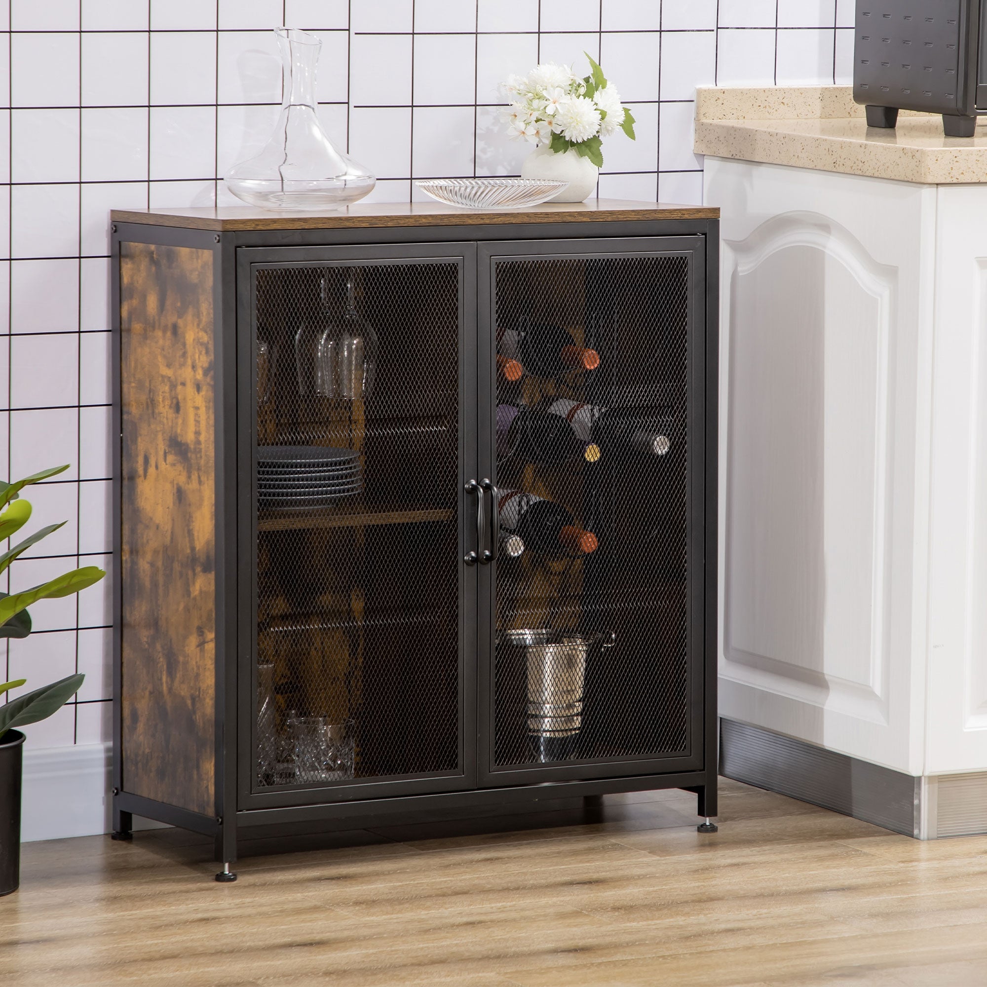 9-Bottle Industrial Retro Wine Cabinet with Mesh Doors & Glass Holder, Rustic Brown