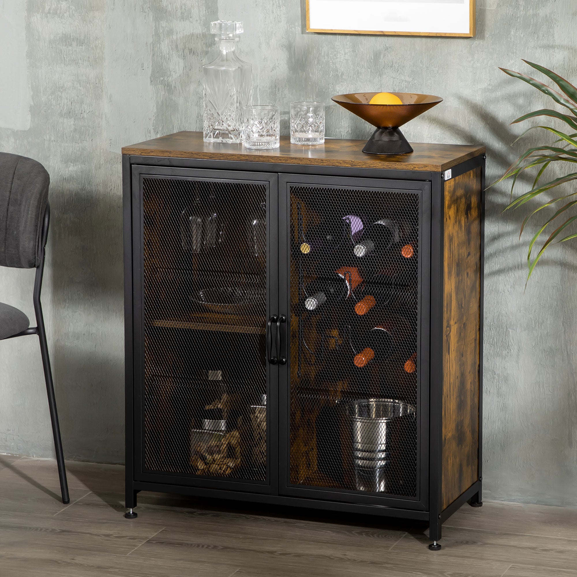 9-Bottle Industrial Retro Wine Cabinet with Mesh Doors & Glass Holder, Rustic Brown