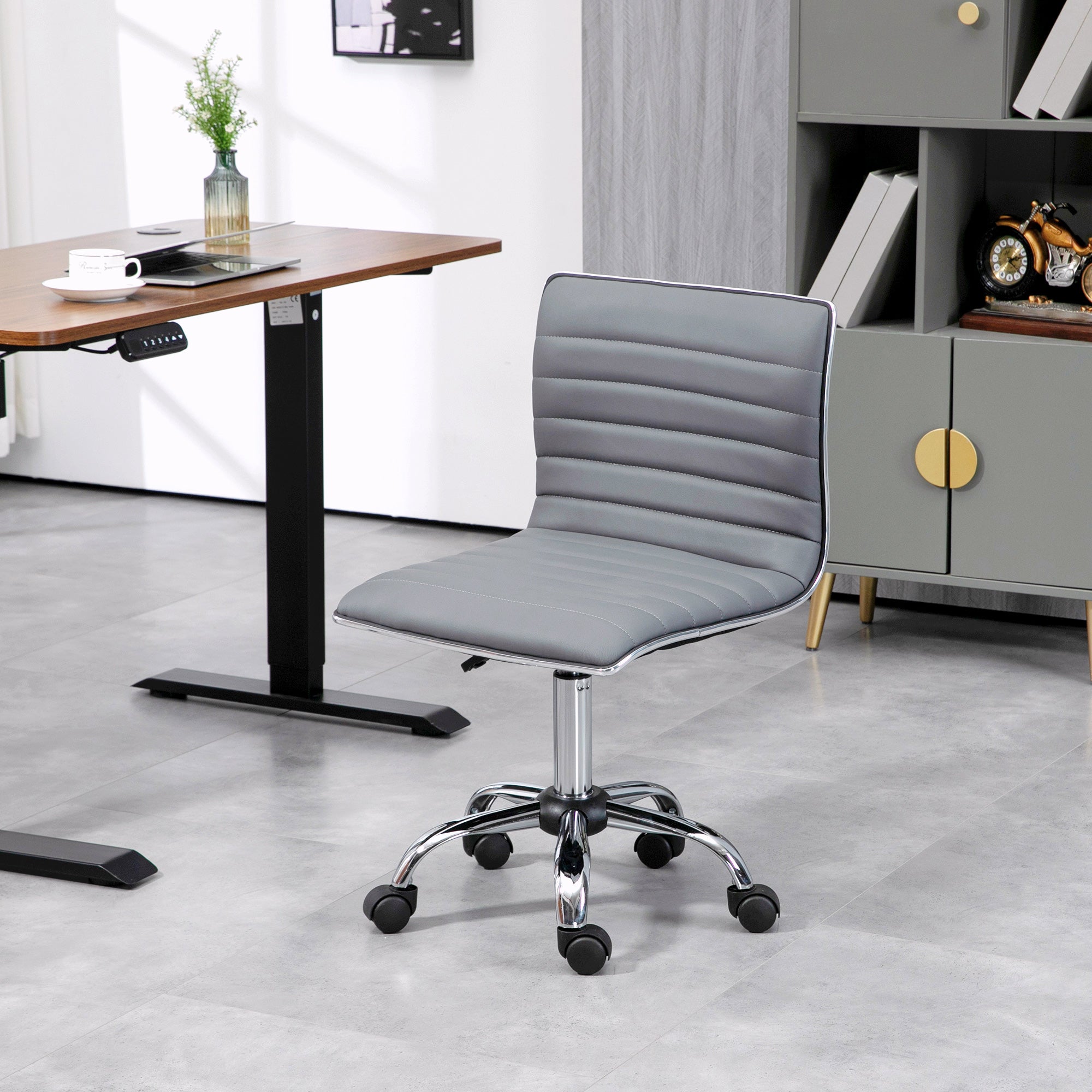 HOMCOM Adjustable Swivel Office Chair with Armless Mid-Back in PU Leather and Chrome Base - Light Grey