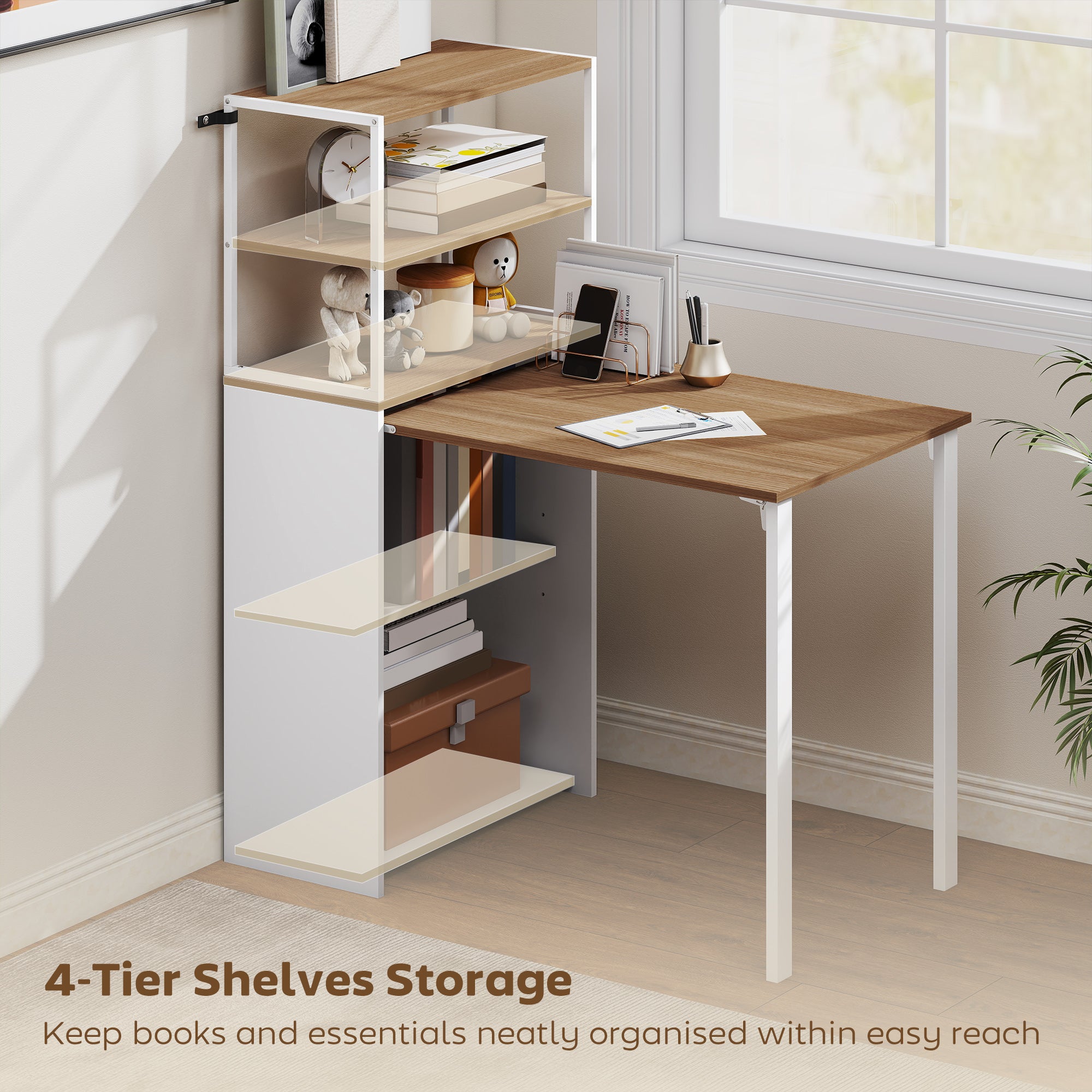 Folding Computer Desk with 4-Tier Bookshelf, Space-Saving Multifunctional Small Office Desk, 2-in-1 Compact Industrial Study Table with Metal Frame for Small Spaces, Home Office, Natural