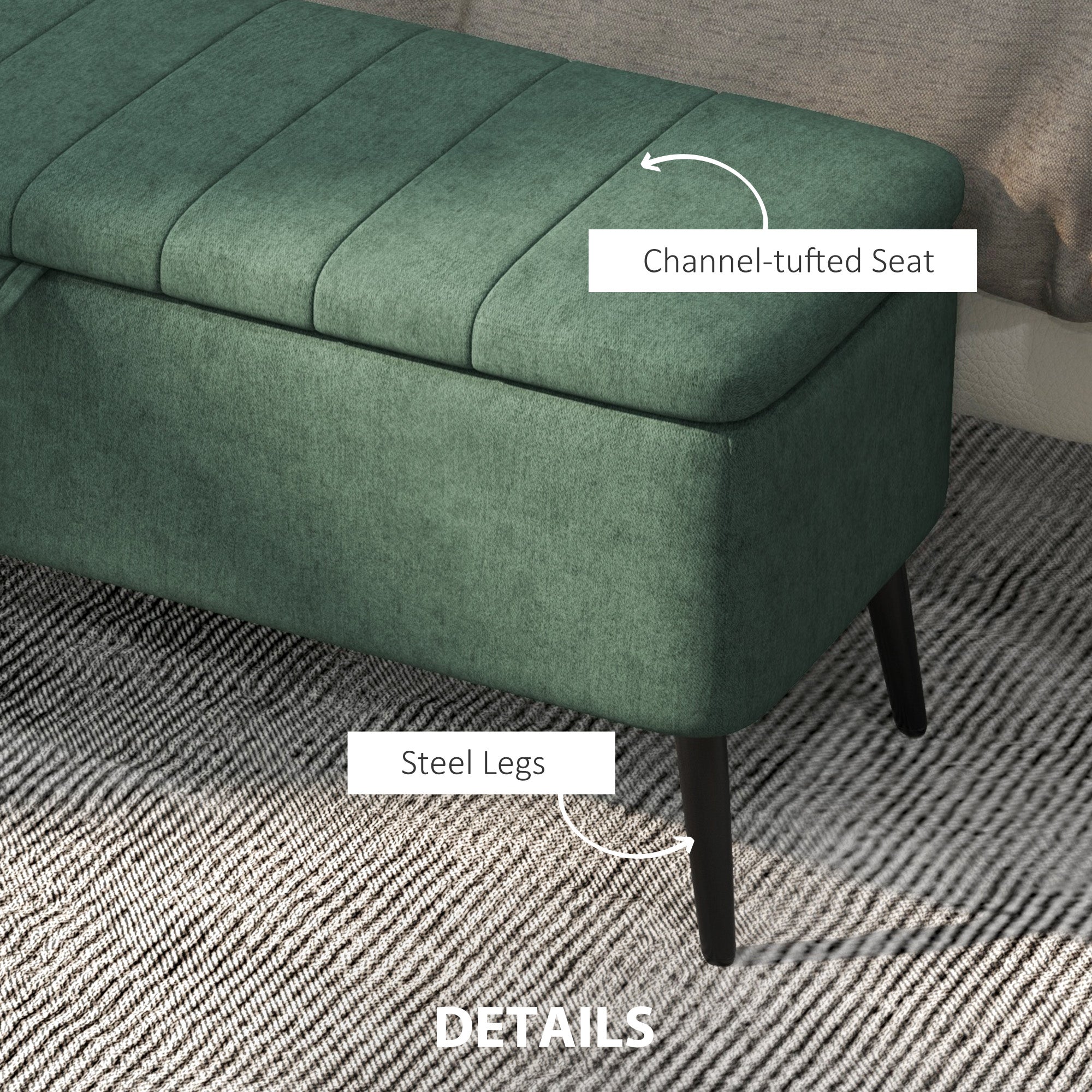 HOMCOM Storage Ottoman with Flip Top, Rectangular Upholstered Bench, Linen Fabric Footstool with Steel Legs for Living Room, Bedroom, Dark Green