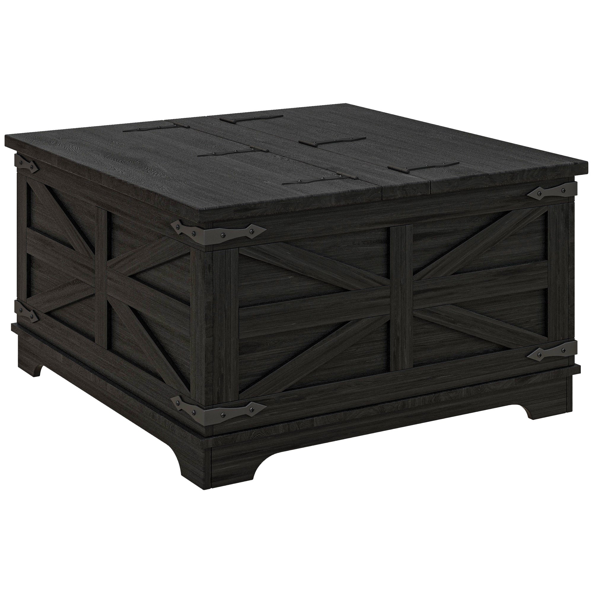 Farmhouse Square Coffee Table w/ Flip-top Lids & Hidden Storage, Distressed Black