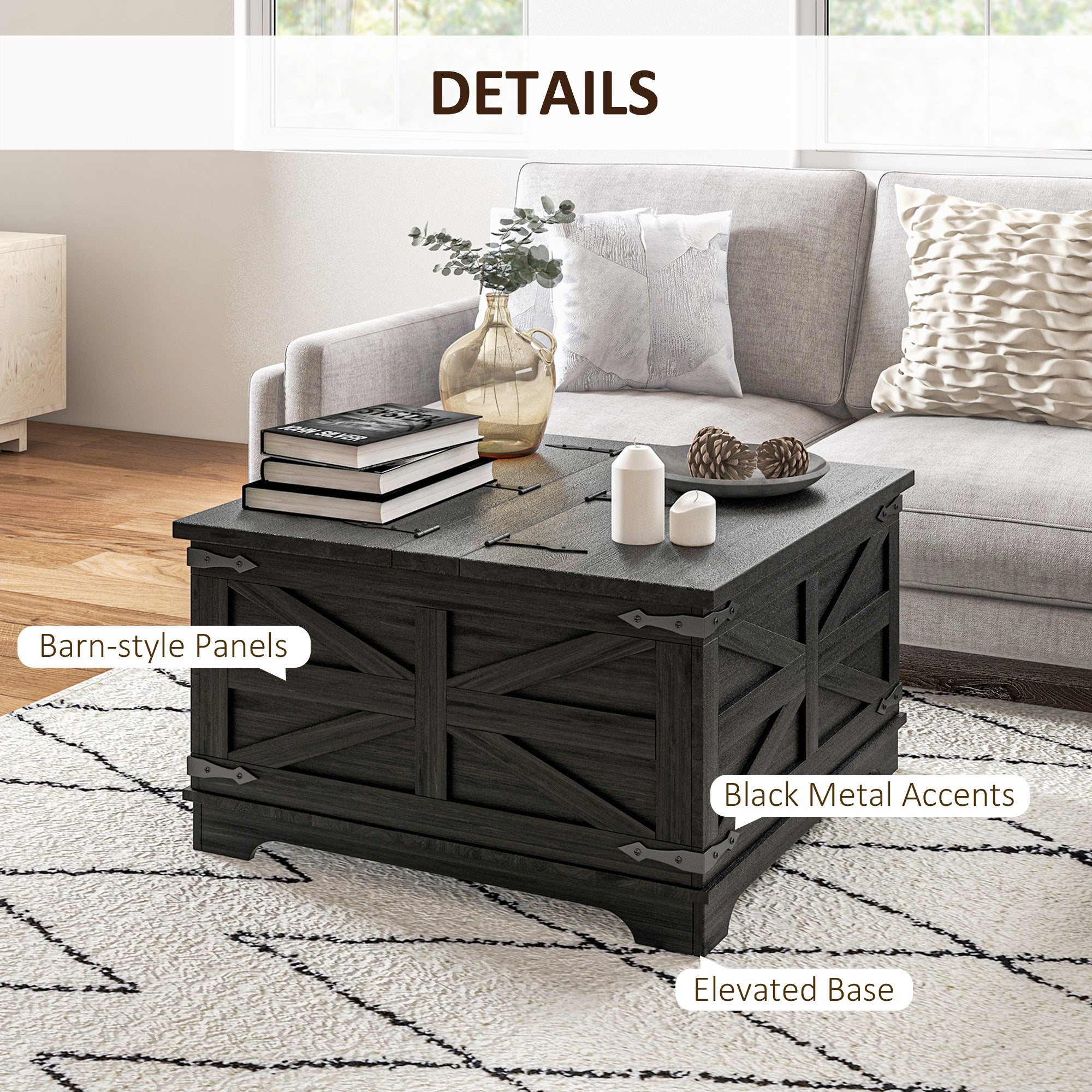 Farmhouse Square Coffee Table w/ Flip-top Lids & Hidden Storage, Distressed Black