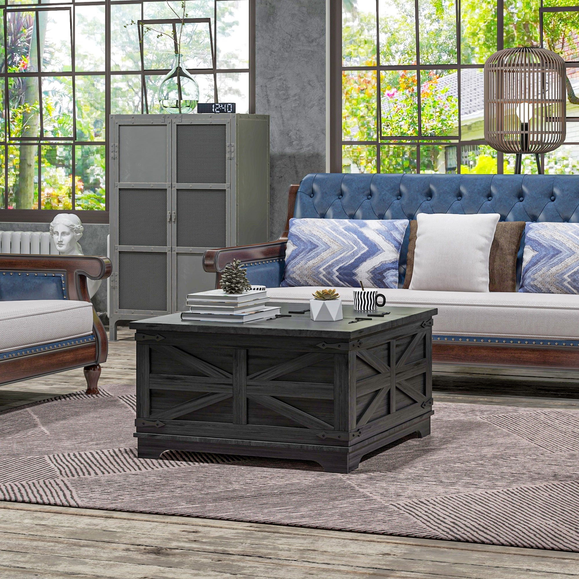 Farmhouse Square Coffee Table w/ Flip-top Lids & Hidden Storage, Distressed Black