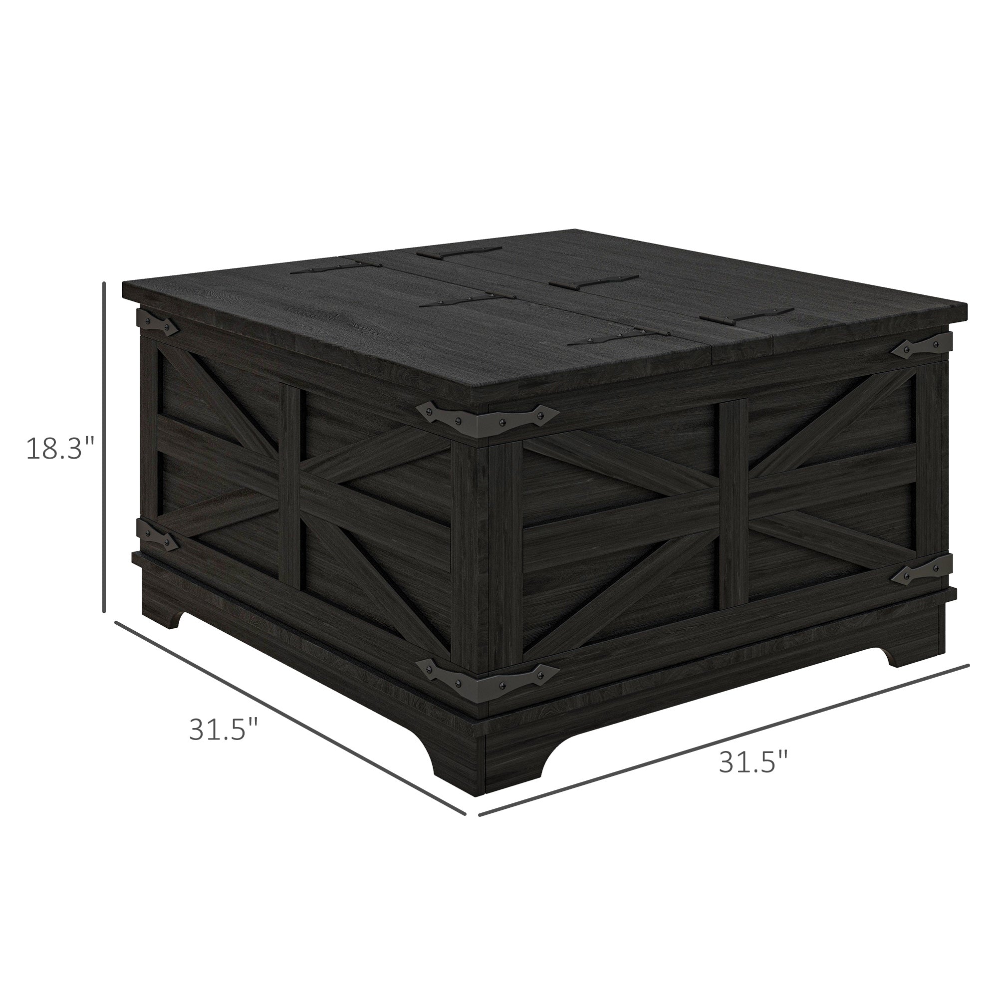 Farmhouse Square Coffee Table w/ Flip-top Lids & Hidden Storage, Distressed Black