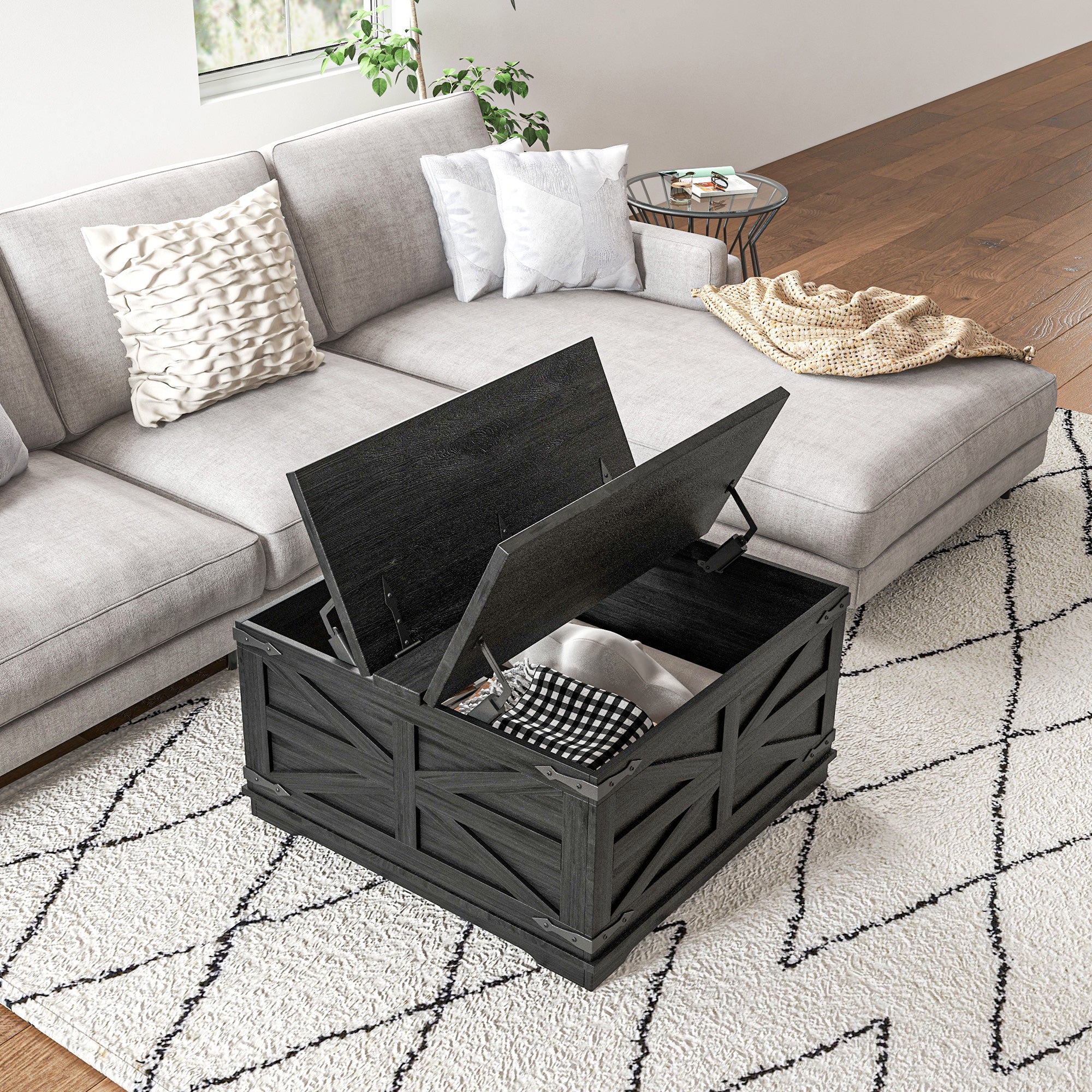 Farmhouse Square Coffee Table w/ Flip-top Lids & Hidden Storage, Distressed Black