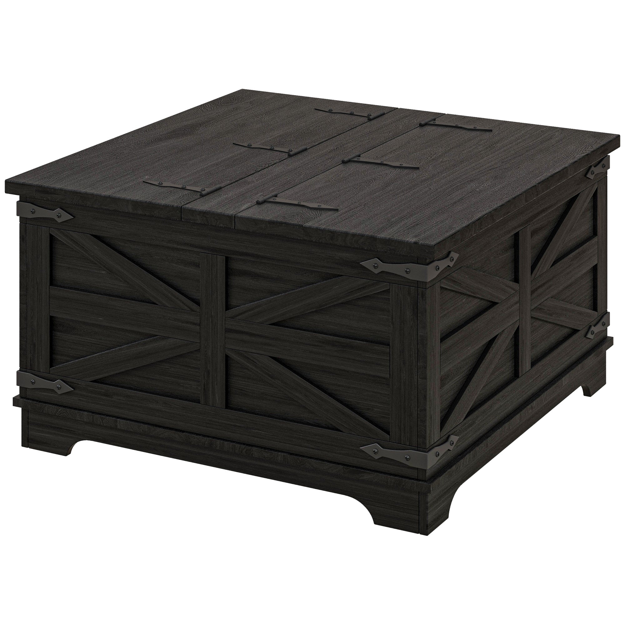 Farmhouse Square Coffee Table w/ Flip-top Lids & Hidden Storage, Distressed Black