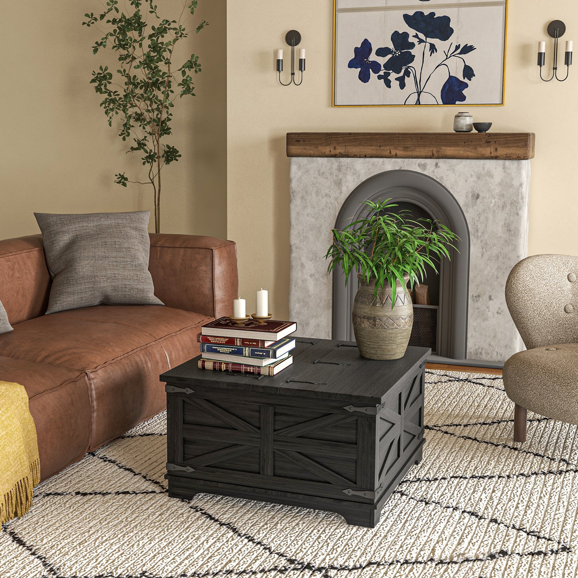 Farmhouse Square Coffee Table w/ Flip-top Lids & Hidden Storage, Distressed Black