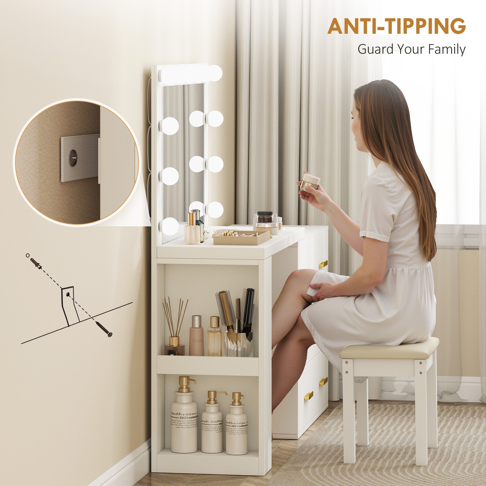 Vanity Desk with Mirror and 12 LED Lights, Makeup Table with Power Outlet, 3 Light Colour, 6 Drawers and 2 Open Shelves, Dressing Table for Bedroom, Dressing Room, White