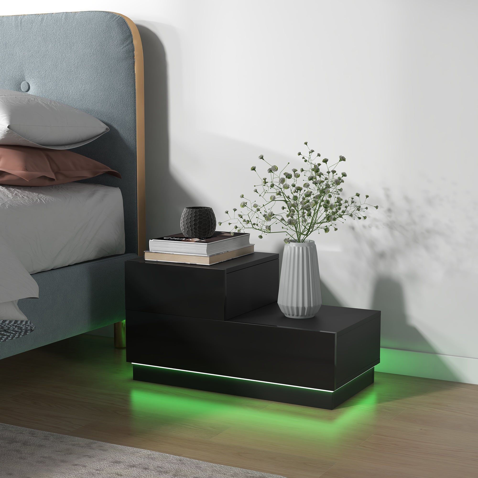 HOMCOM Bedside Table with LED Light, Nightstand with 2 Drawers and High Gloss Front, USB Powered Side Table with Remote for Bedroom, Living Room, Black