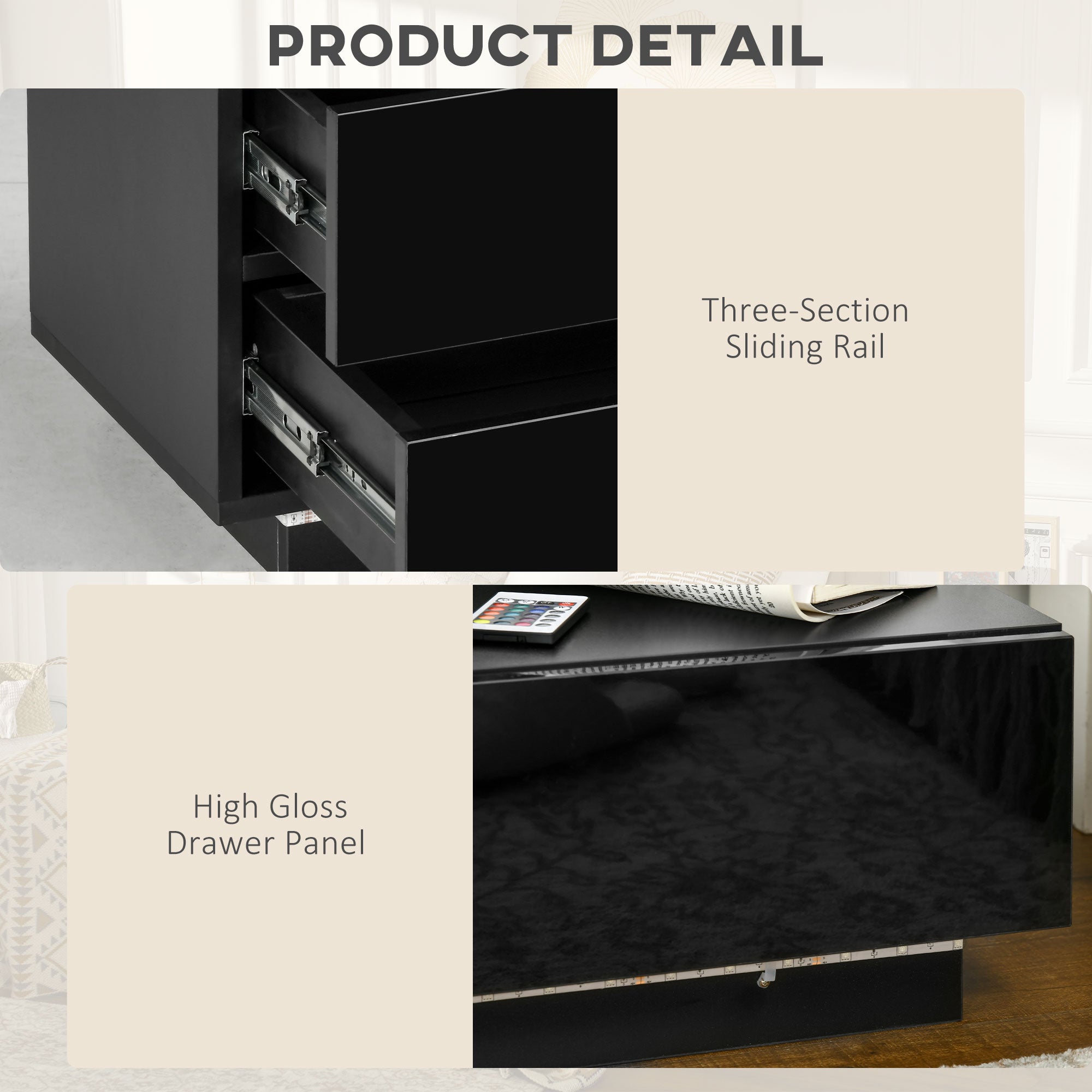 HOMCOM Bedside Table with LED Light, Nightstand with 2 Drawers and High Gloss Front, USB Powered Side Table with Remote for Bedroom, Living Room, Black