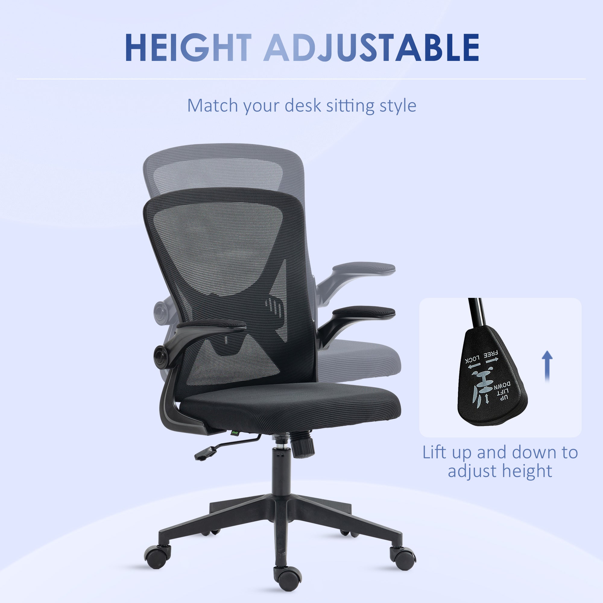 Vinsetto Mid Back Office Chair, Mesh Computer Desk Chair with Lumbar Back Support, Flip-up Arm, Adjustable Height, Black D