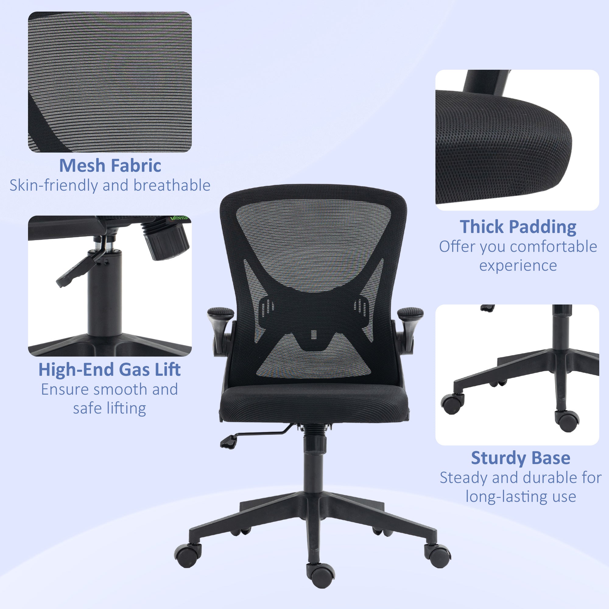 Vinsetto Mid Back Office Chair, Mesh Computer Desk Chair with Lumbar Back Support, Flip-up Arm, Adjustable Height, Black D
