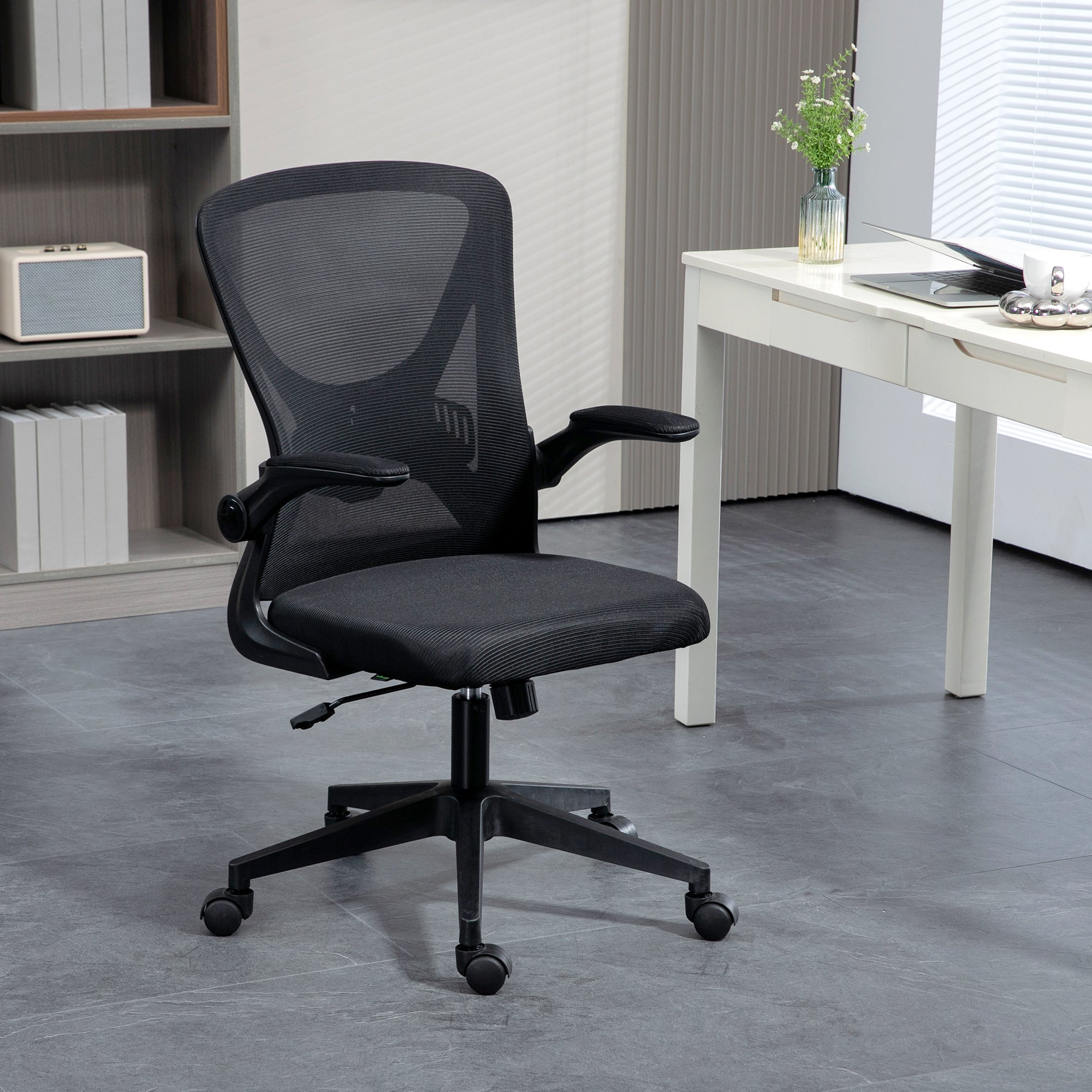 Vinsetto Mid Back Office Chair, Mesh Computer Desk Chair with Lumbar Back Support, Flip-up Arm, Adjustable Height, Black D