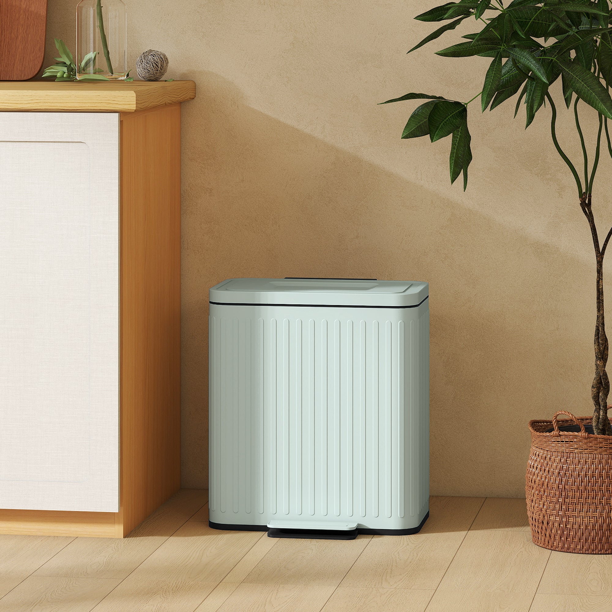 Trash Can with Lid, 2 x 5.3Gal Double Step-On Kitchen Trash Can with Rubbish Bags, Foot Pedal, Soft-Close Lid, Removable Buckets, Fingerprint-Proof Rubbish Bin for Kitchen, Office, Light Green