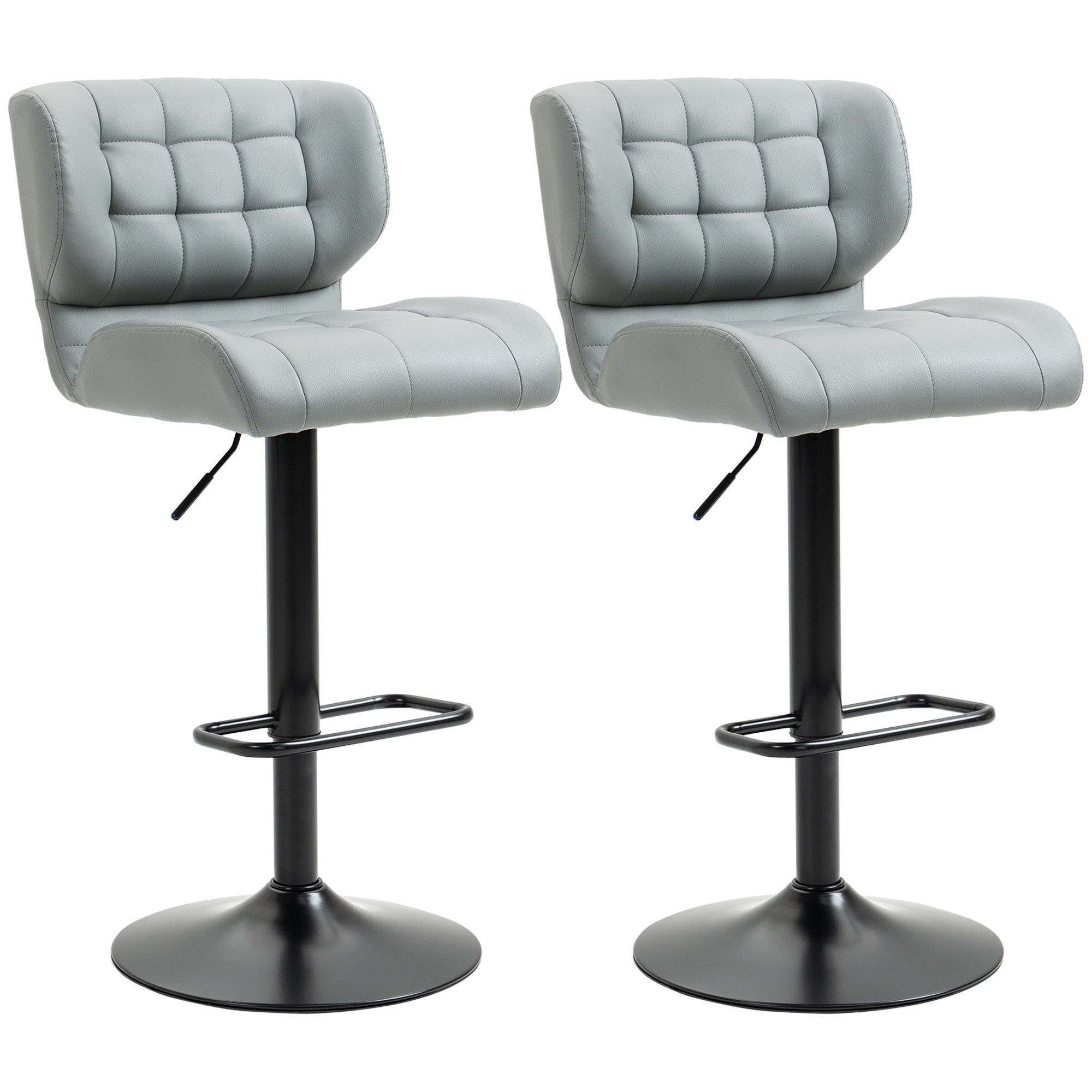 HOMCOM Adjustable Bar Stools Set of 2, Swivel Tufted PU Leather Barstools with Footrest and Back, Bar Chairs for Kitchen Counter and Dining Room, Grey