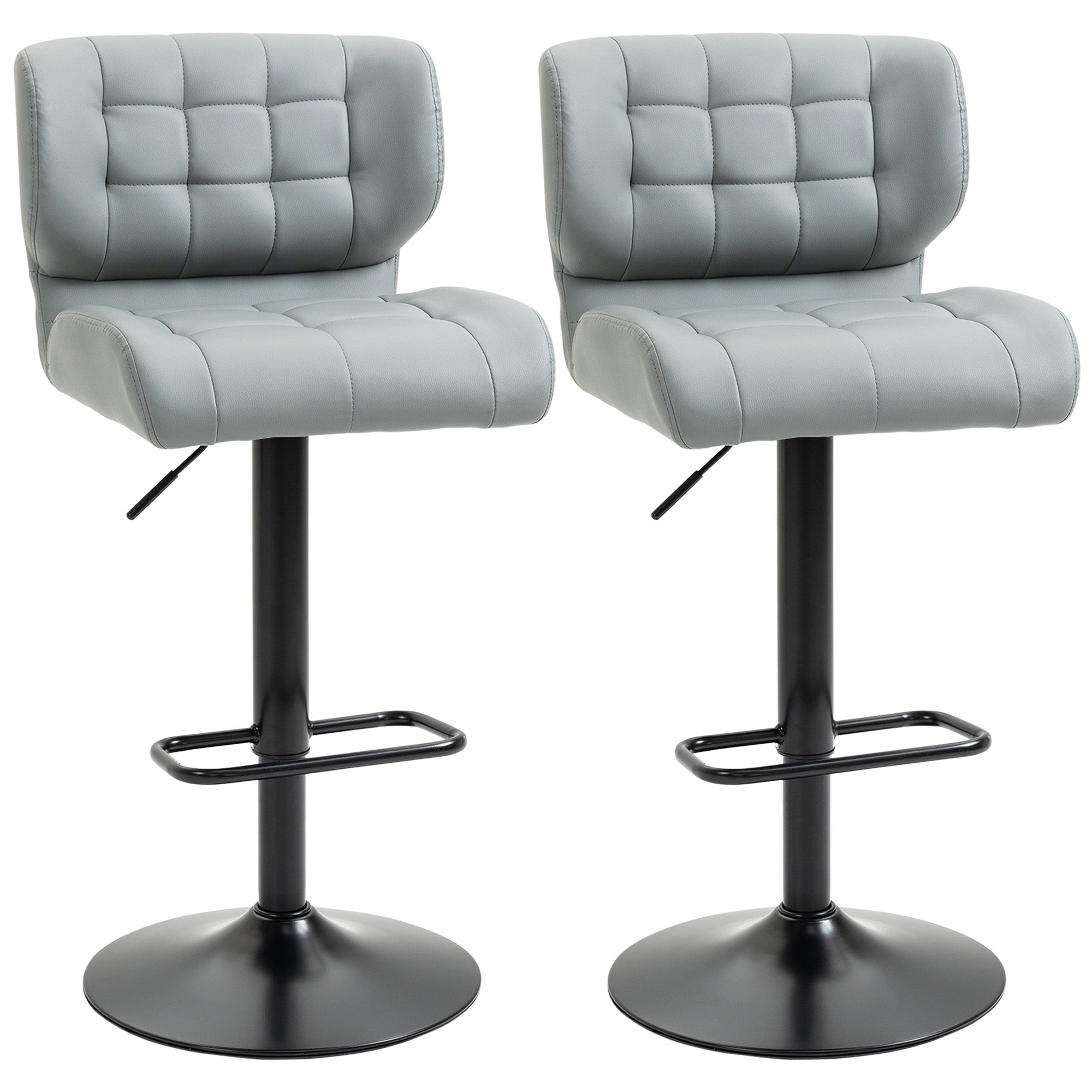 HOMCOM Adjustable Bar Stools Set of 2, Swivel Tufted PU Leather Barstools with Footrest and Back, Bar Chairs for Kitchen Counter and Dining Room, Grey