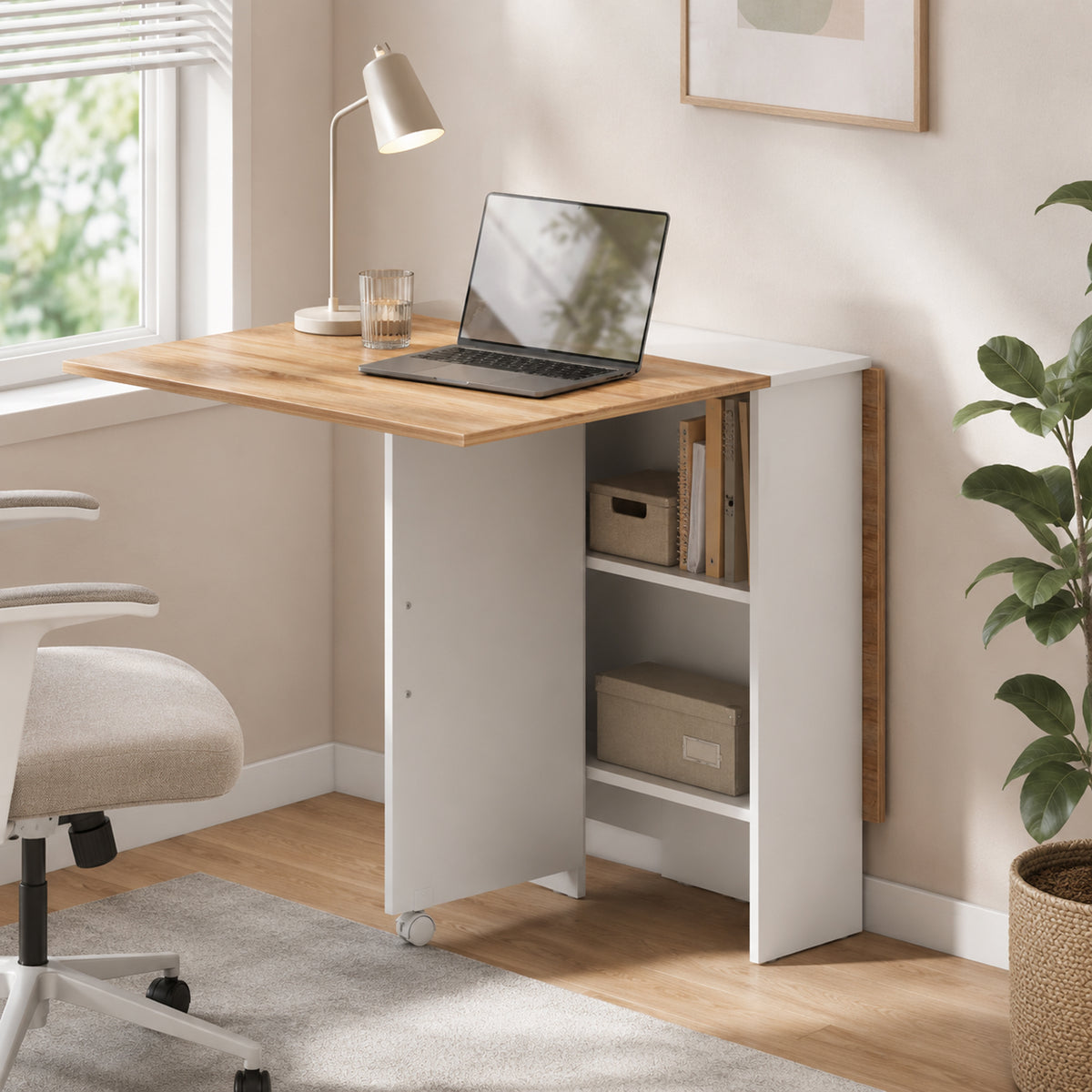 Folding Dining Table, Drop Leaf Table with 2-Tier Shelves, Rolling Casters, for Small Spaces, Kitchen, White and Natural
