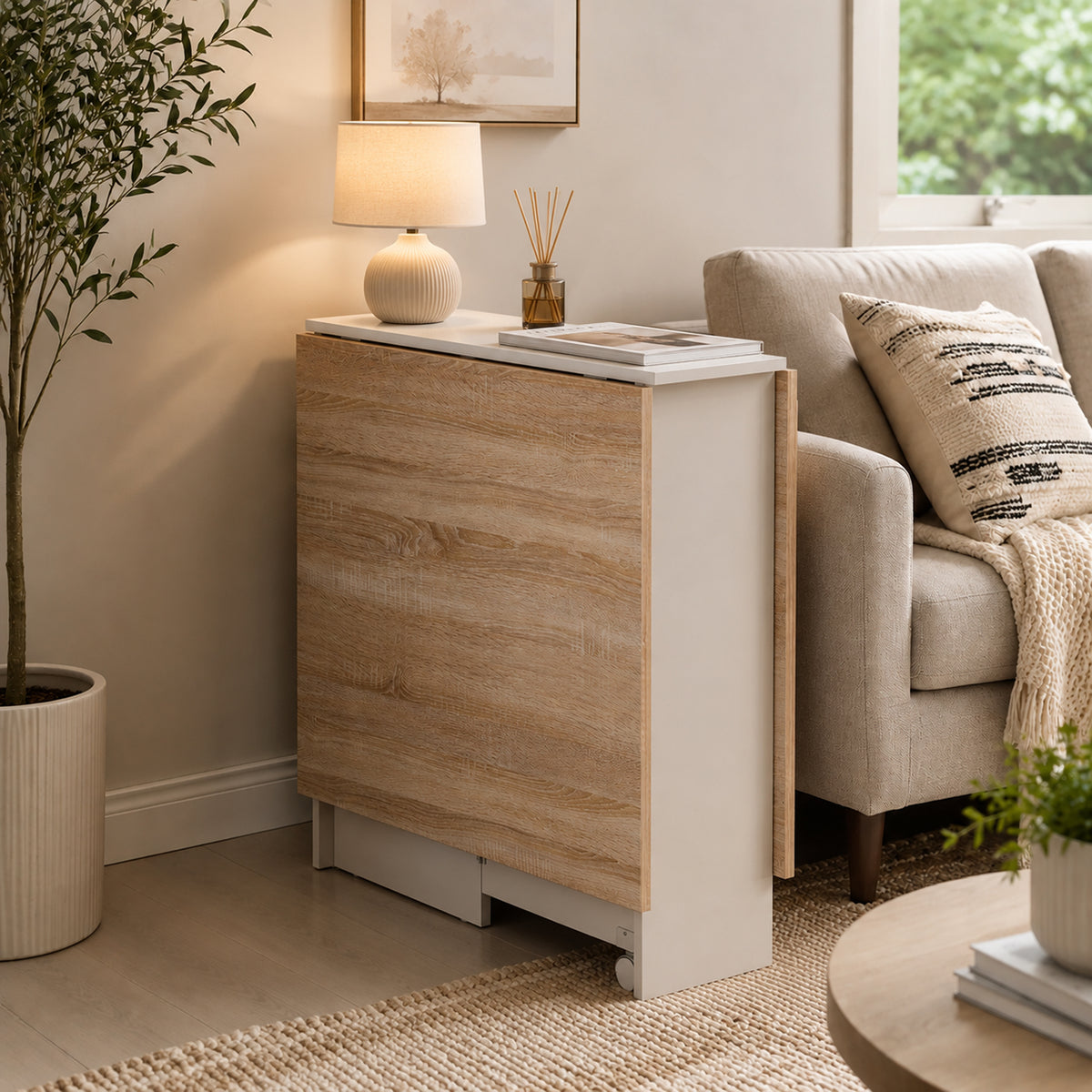 Folding Dining Table, Drop Leaf Table with 2-Tier Shelves, Rolling Casters, for Small Spaces, Kitchen, White and Natural