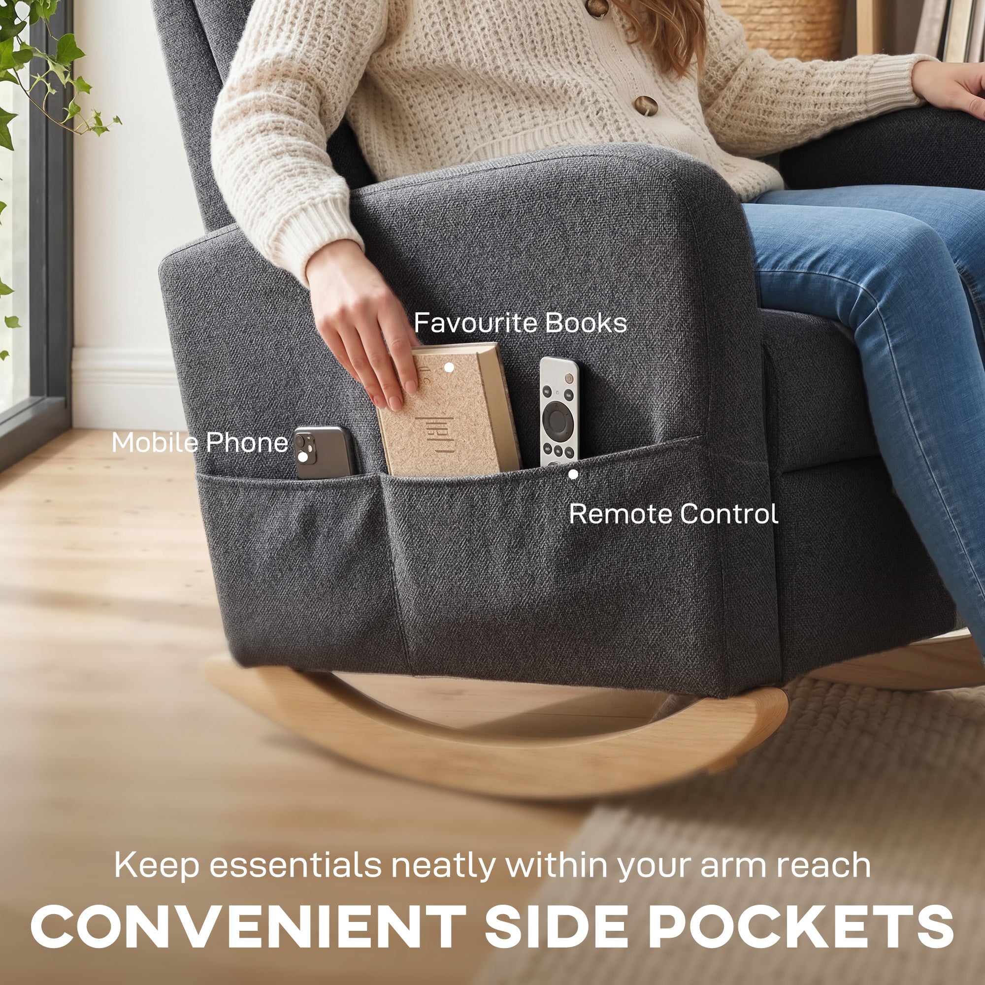 Upholstered Rocking Chair with Retractable Footrest, Modern Armchair with High Back, Plywood Frame and Rubberwood Feet for Living Room, Bedroom, Grey