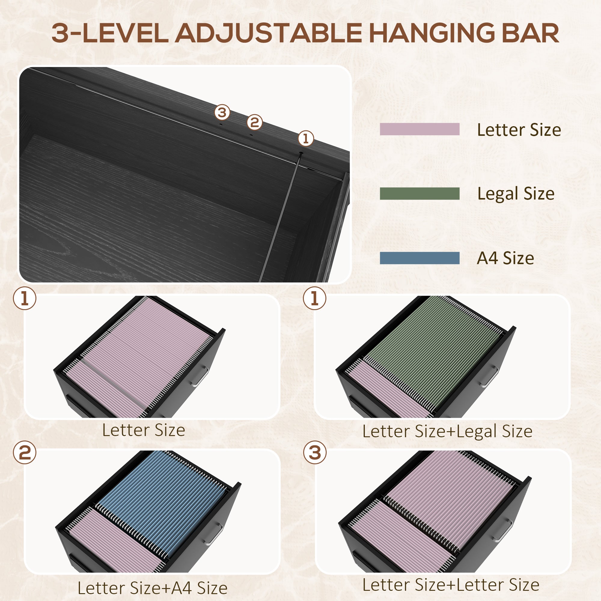 Vinsetto 2 Drawer File Cabinet with Keys, Lockable Filing Cabinet with Adjustable Hanging Bar for Letter, A4 and Legal Size, 67.7" Tall Printer Stand with Storage Shelves and Hooks, Black