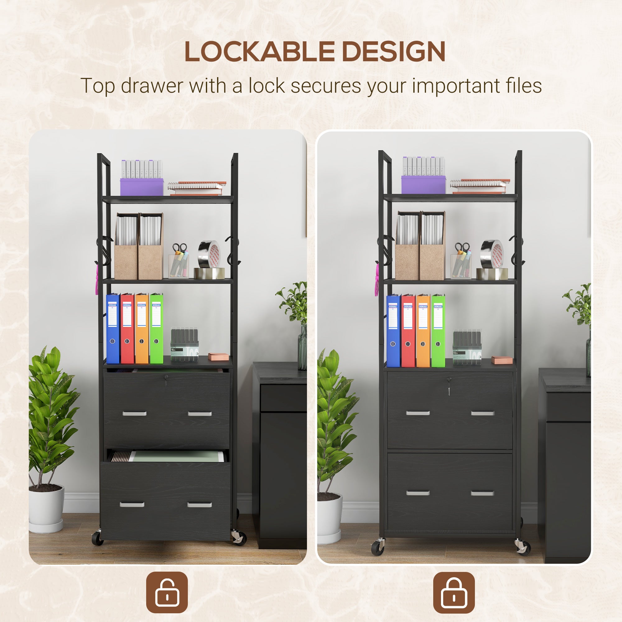 Vinsetto 2 Drawer File Cabinet with Keys, Lockable Filing Cabinet with Adjustable Hanging Bar for Letter, A4 and Legal Size, 67.7" Tall Printer Stand with Storage Shelves and Hooks, Black