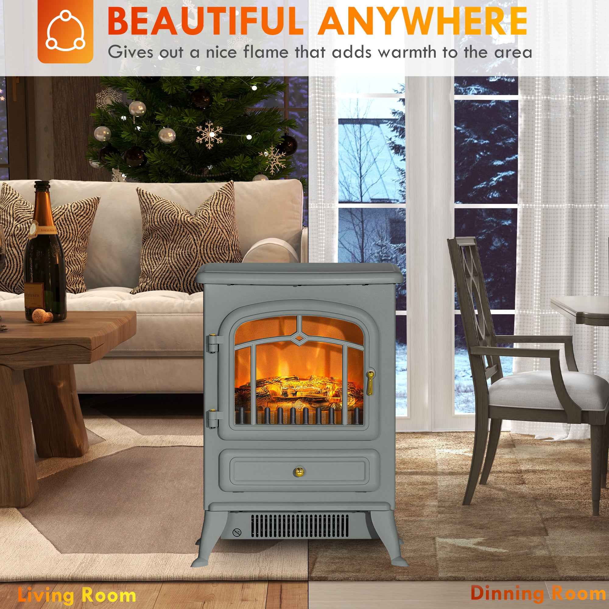 Electric Fireplace Stove Heater with Realistic LED Flames and Logs 750W/1500W Gray