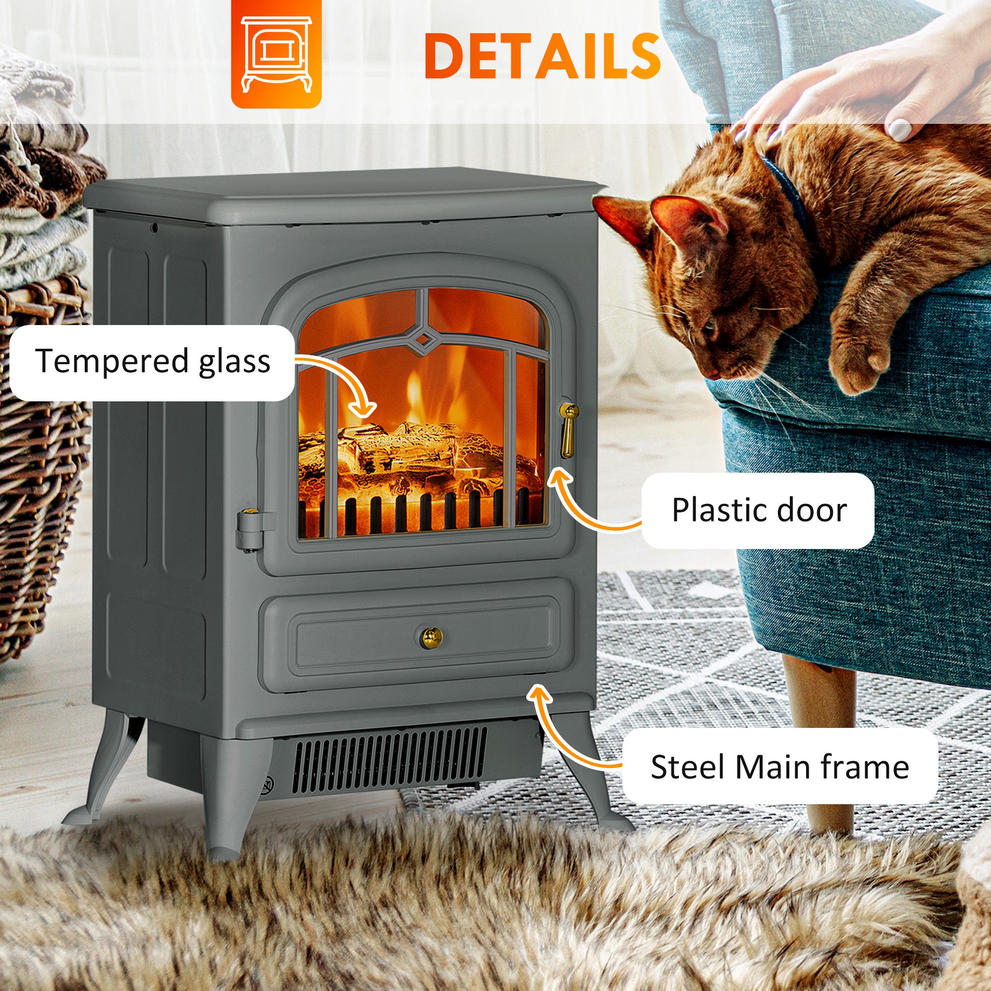 Electric Fireplace Stove Heater with Realistic LED Flames and Logs 750W/1500W Gray