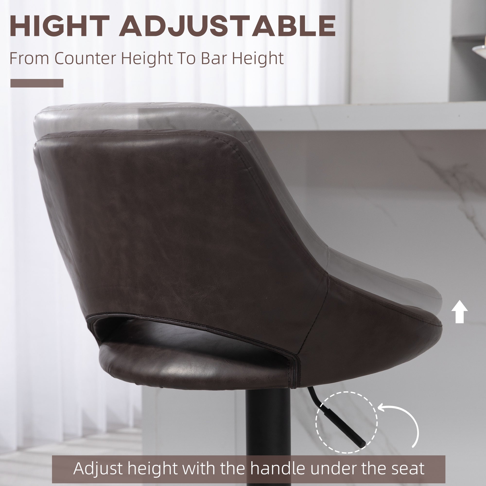 HOMCOM Bar Stools Set of 2, Swivel Counter Height Barstools with Adjustable Height, Faux Leather Upholstered Bar Chairs with Round Metal Base and Footrest, Brown