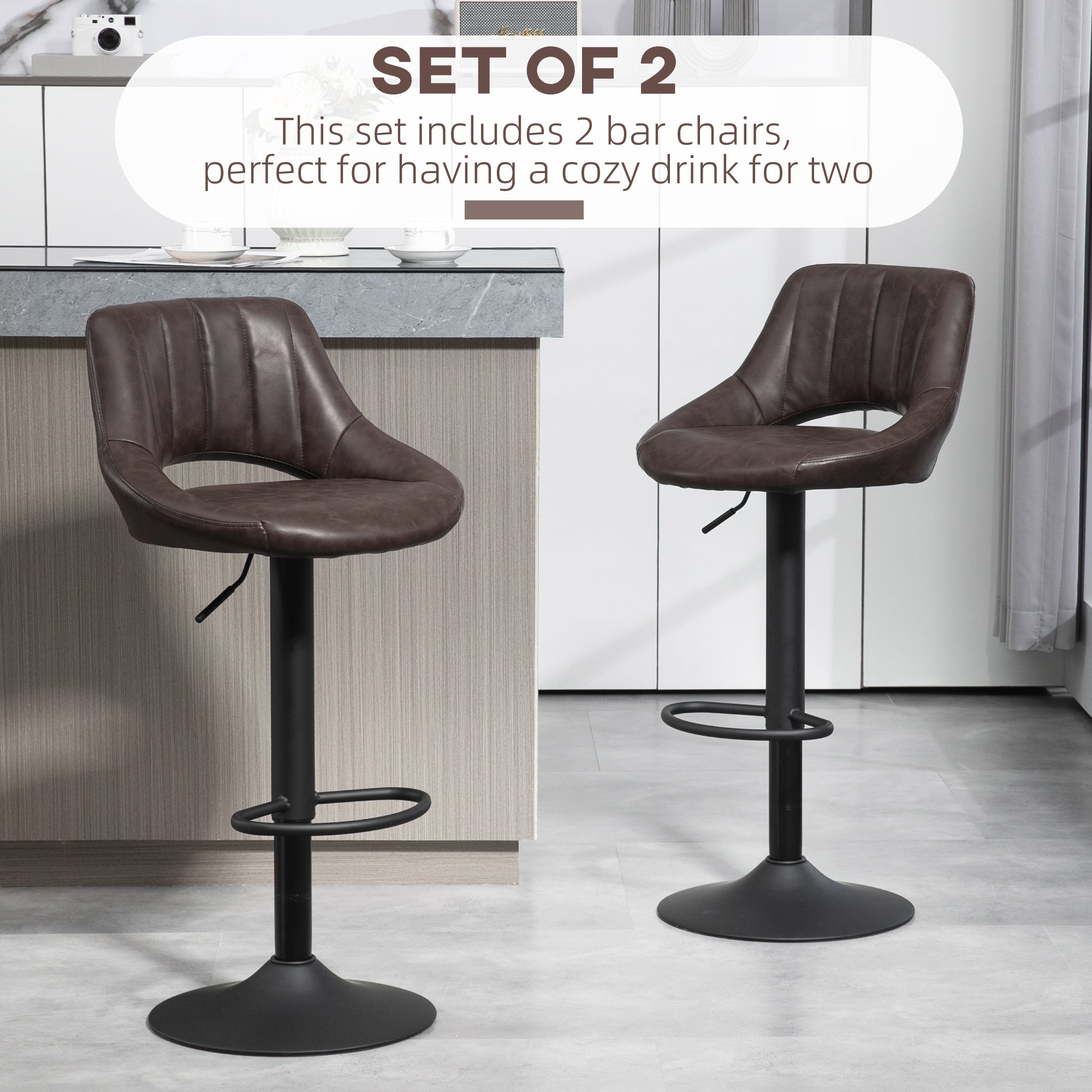 HOMCOM Bar Stools Set of 2, Swivel Counter Height Barstools with Adjustable Height, Faux Leather Upholstered Bar Chairs with Round Metal Base and Footrest, Brown