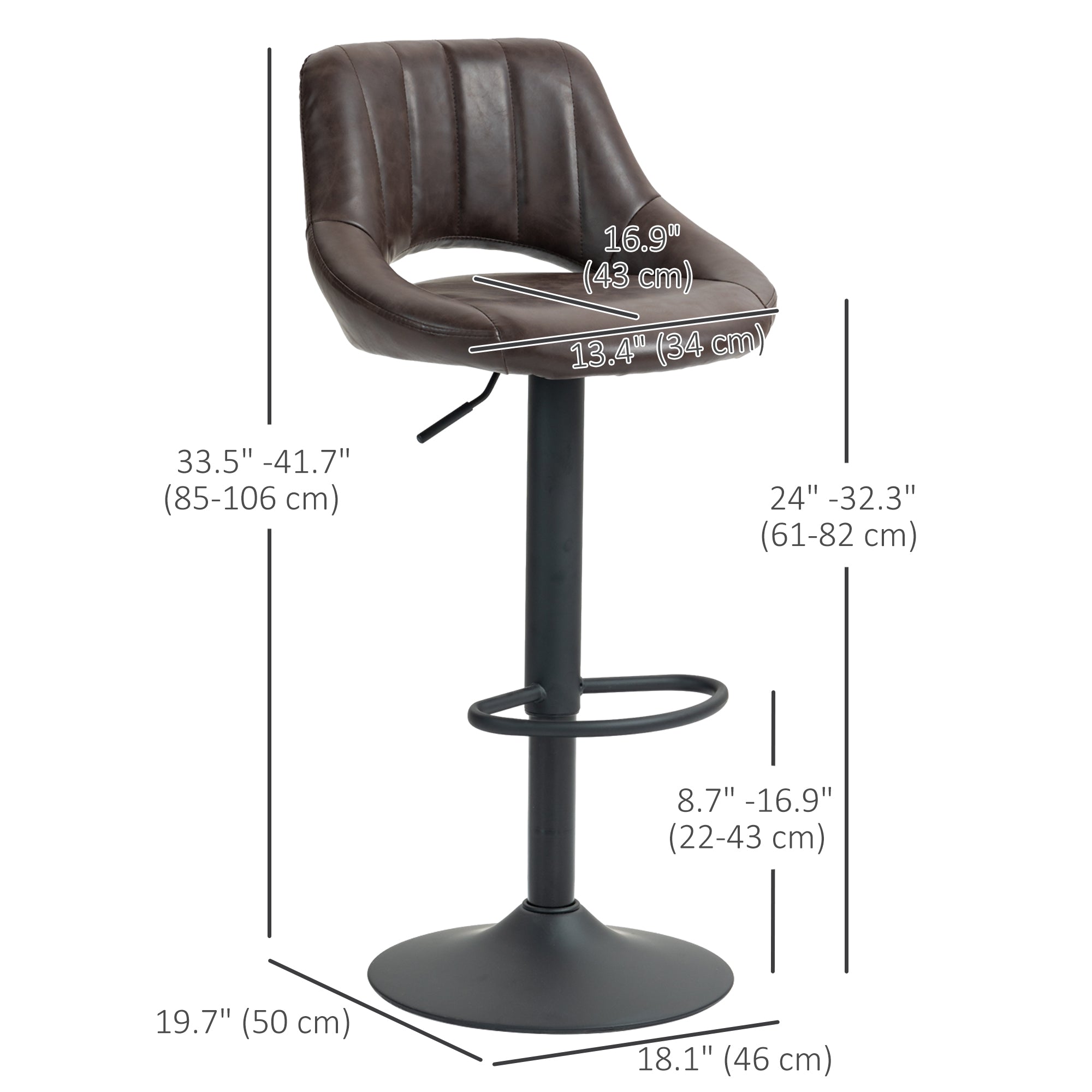 HOMCOM Bar Stools Set of 2, Swivel Counter Height Barstools with Adjustable Height, Faux Leather Upholstered Bar Chairs with Round Metal Base and Footrest, Brown