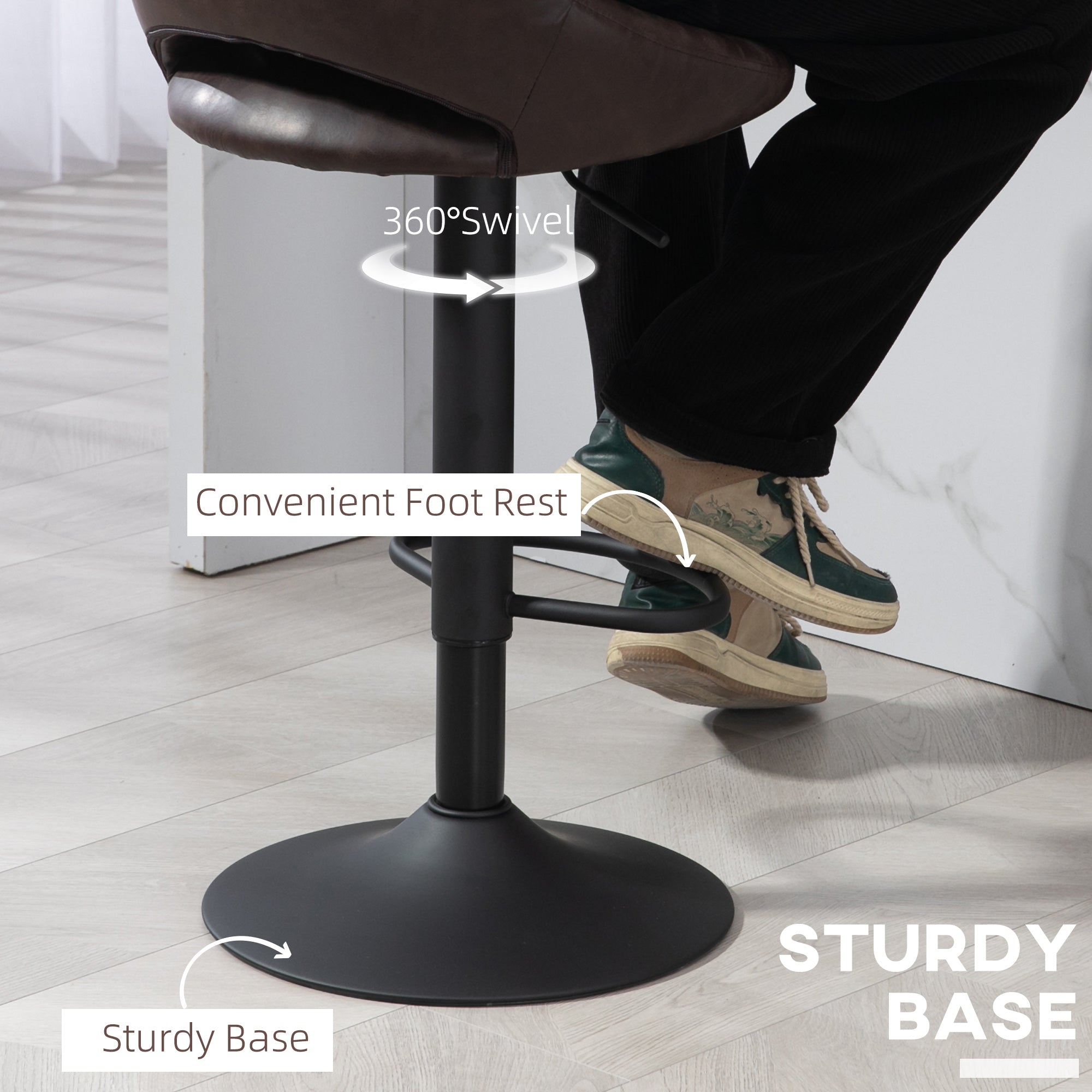 HOMCOM Bar Stools Set of 2, Swivel Counter Height Barstools with Adjustable Height, Faux Leather Upholstered Bar Chairs with Round Metal Base and Footrest, Brown